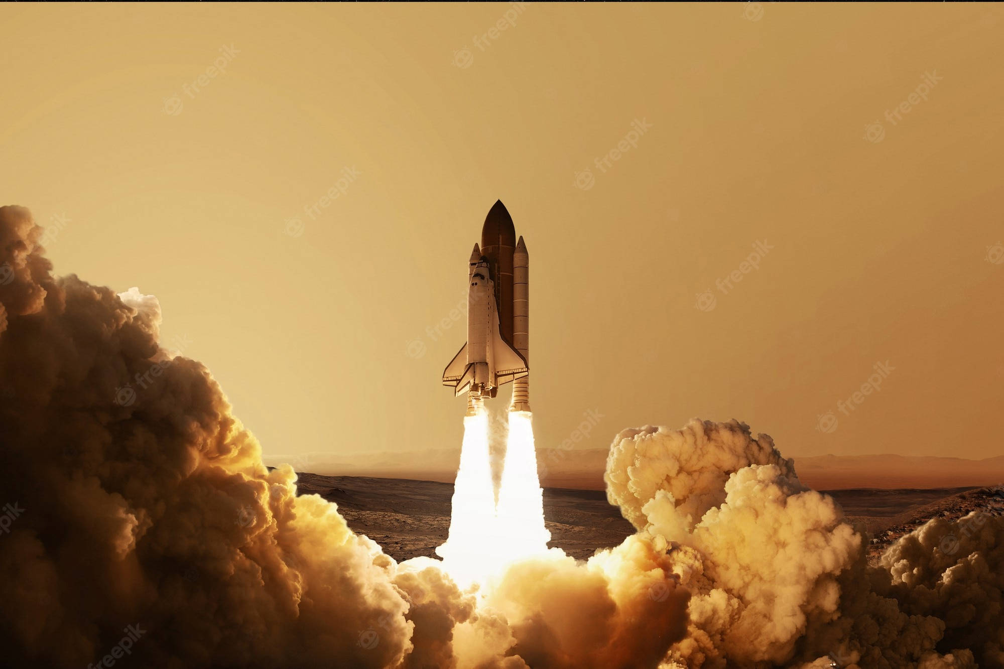 SpaceX Starship, golden sky, fiery exhaust, Full HD Desktop Wallpaper