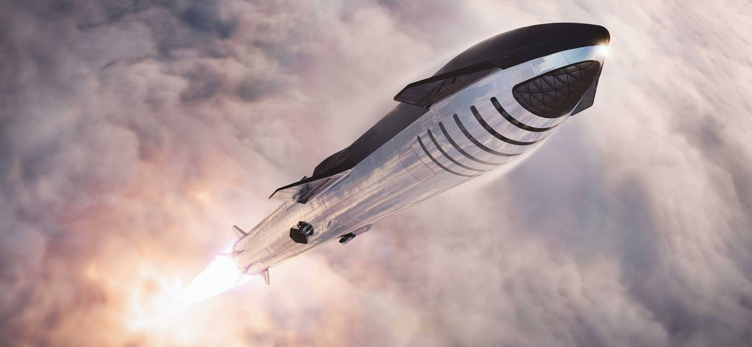 SpaceX Starship, silver, fiery exhaust, Full HD Desktop Wallpaper