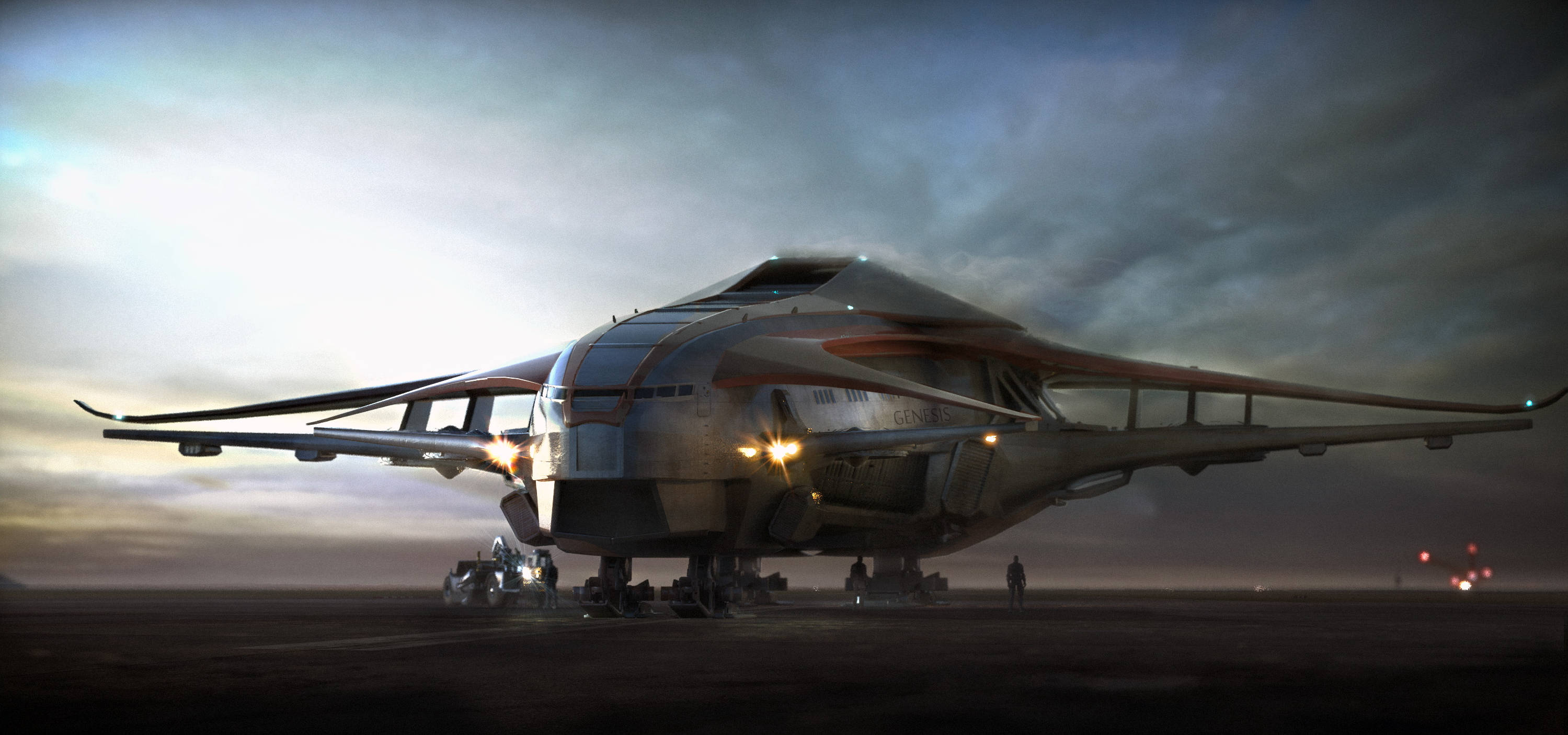 SpaceX Starship, barren desert runway, stormy twilight sky, 2K Desktop Wallpaper