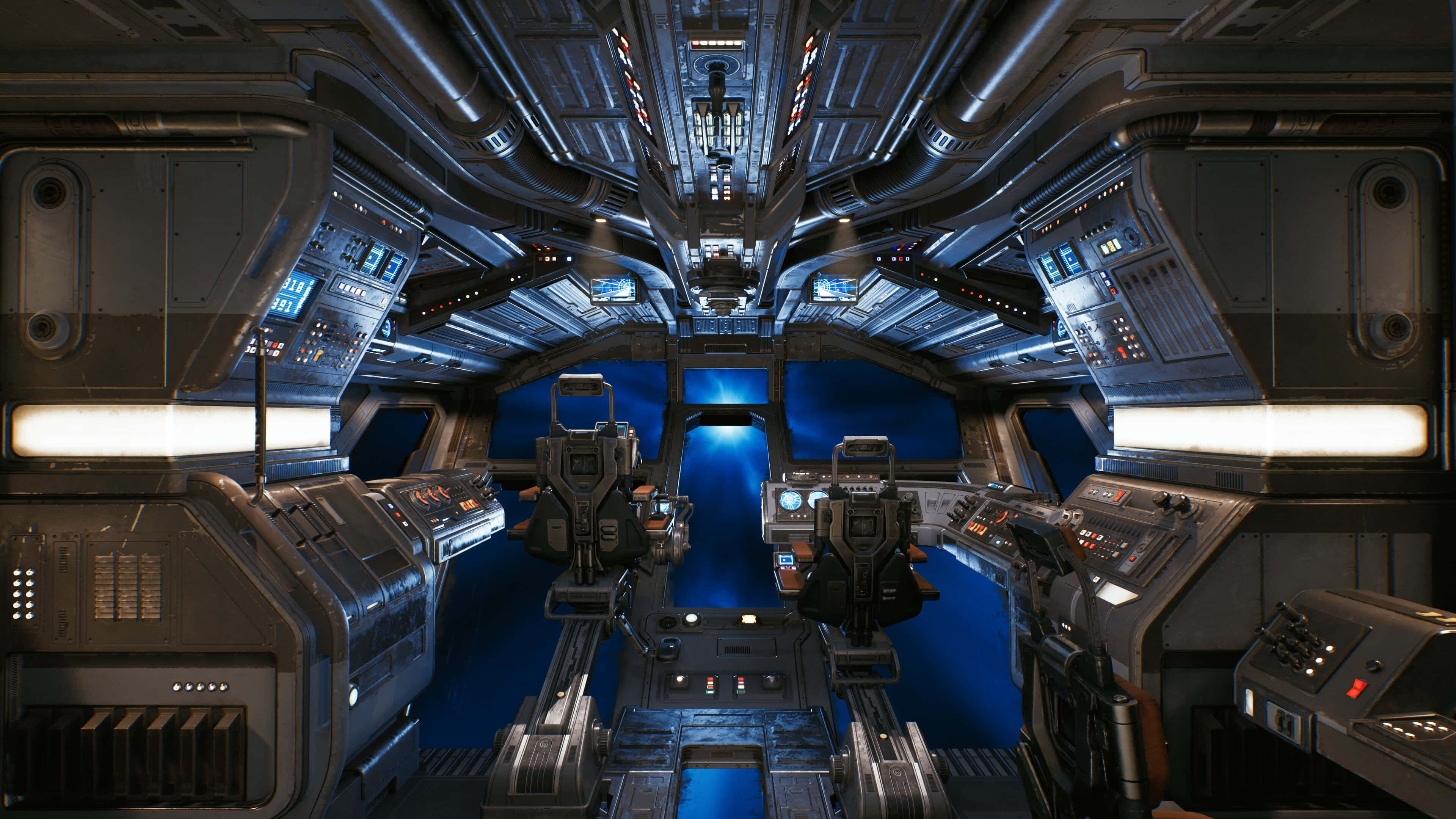Starship, interior corridor, glowing blue panels, 4K Desktop Wallpaper