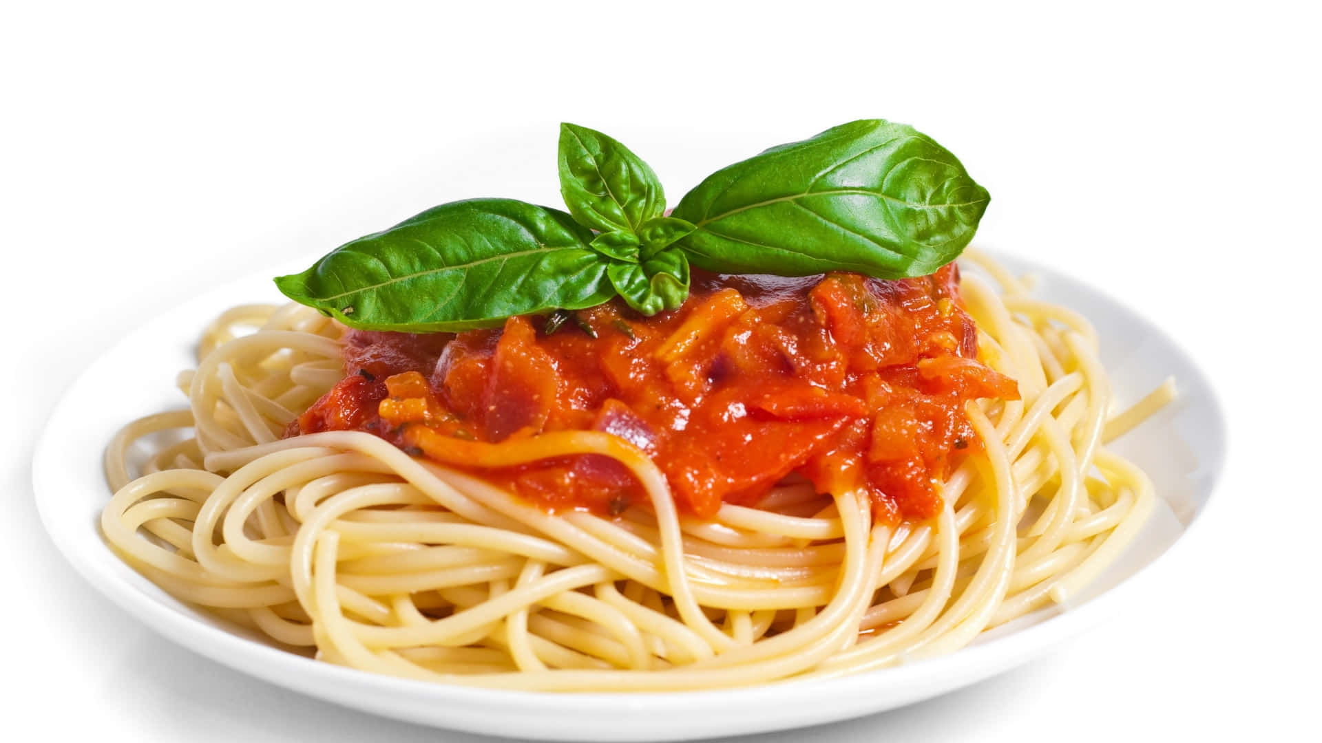 spaghetti, tomato sauce, basil, Full HD Desktop Wallpaper