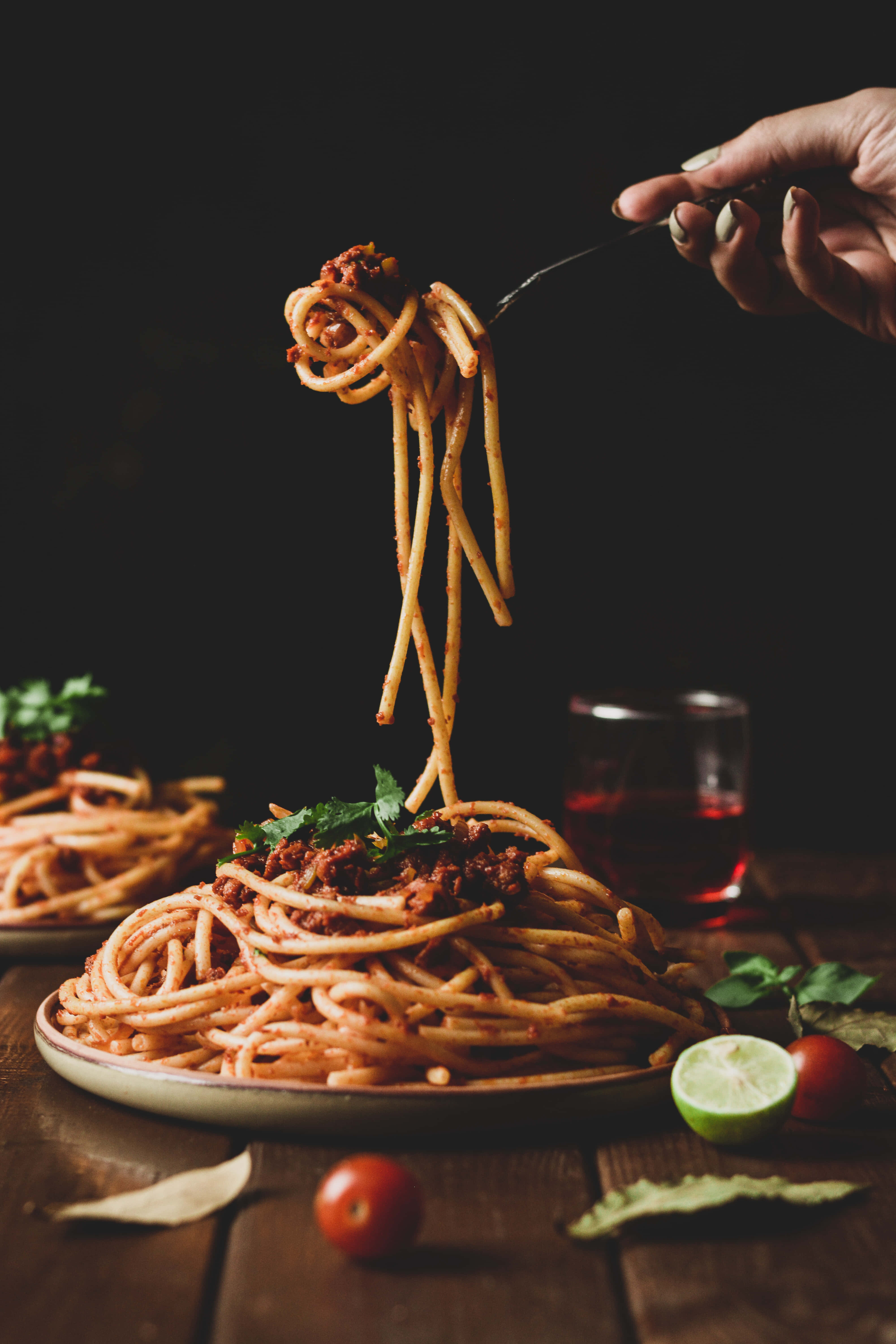 spaghetti, tomato sauce, fork, 5K Phone Wallpaper