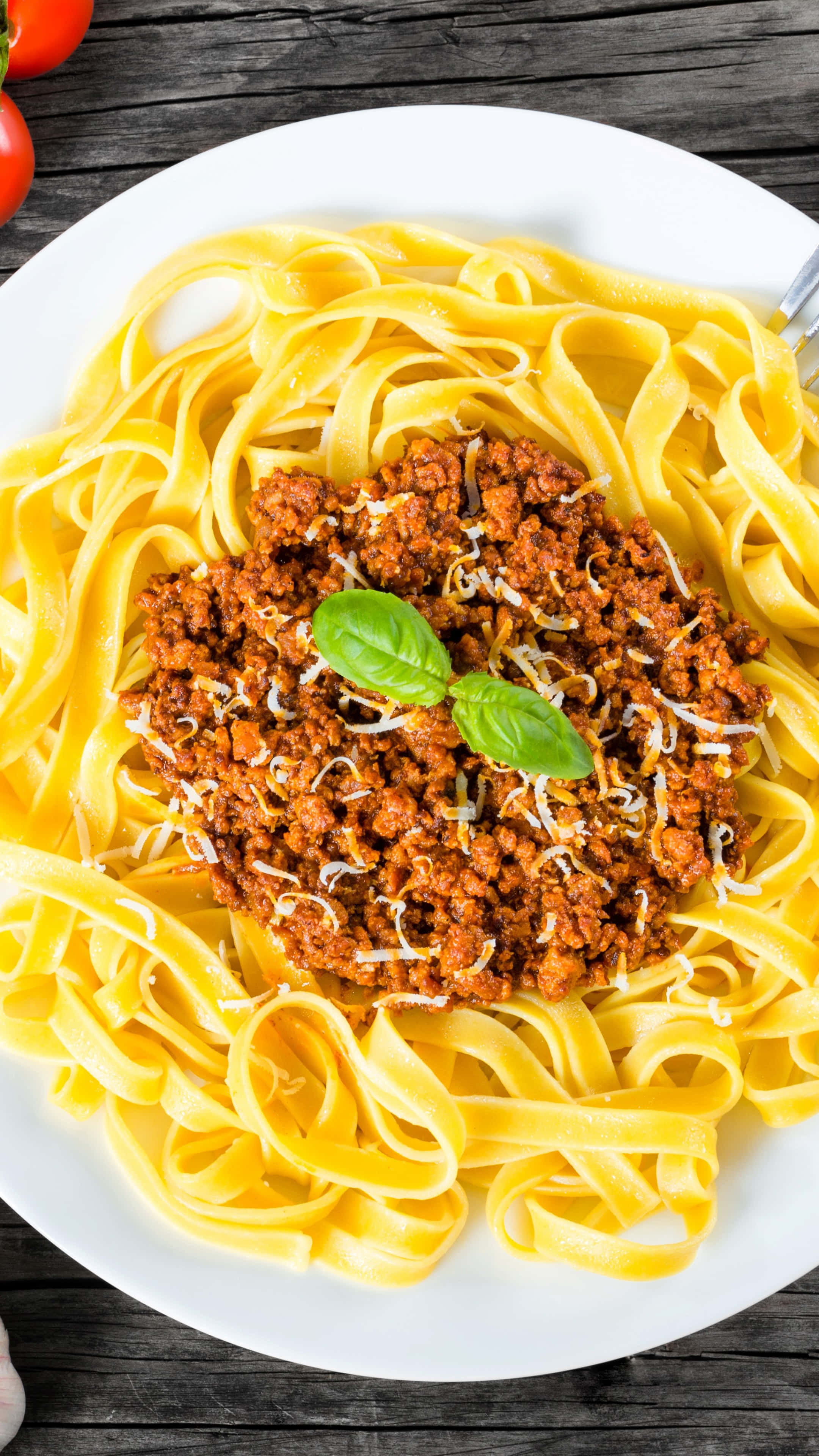 fettuccine, meat sauce, grated cheese, 4K Phone Wallpaper