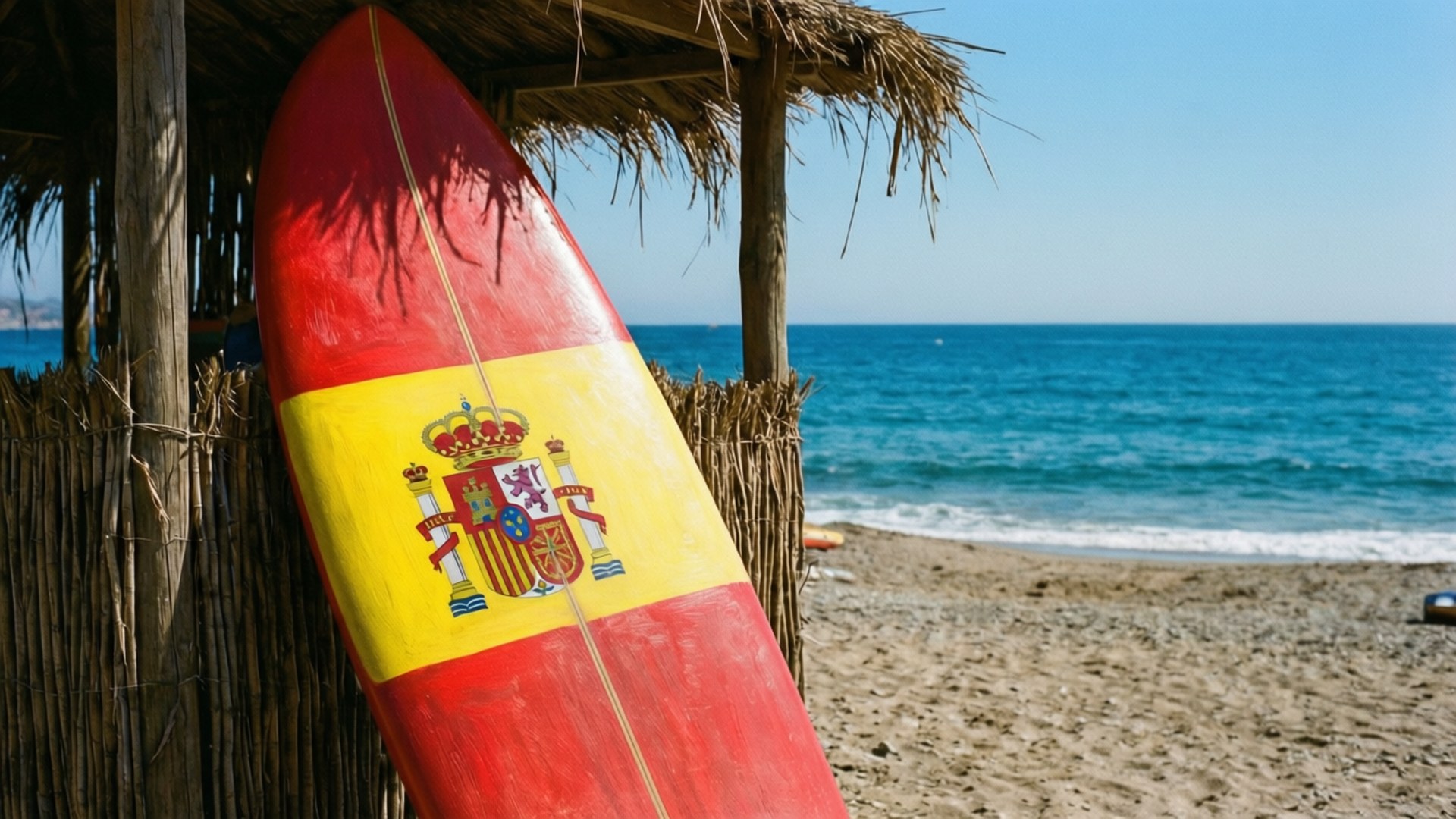 Spain flag, surfboard, thatched beach hut, Full HD Desktop Wallpaper