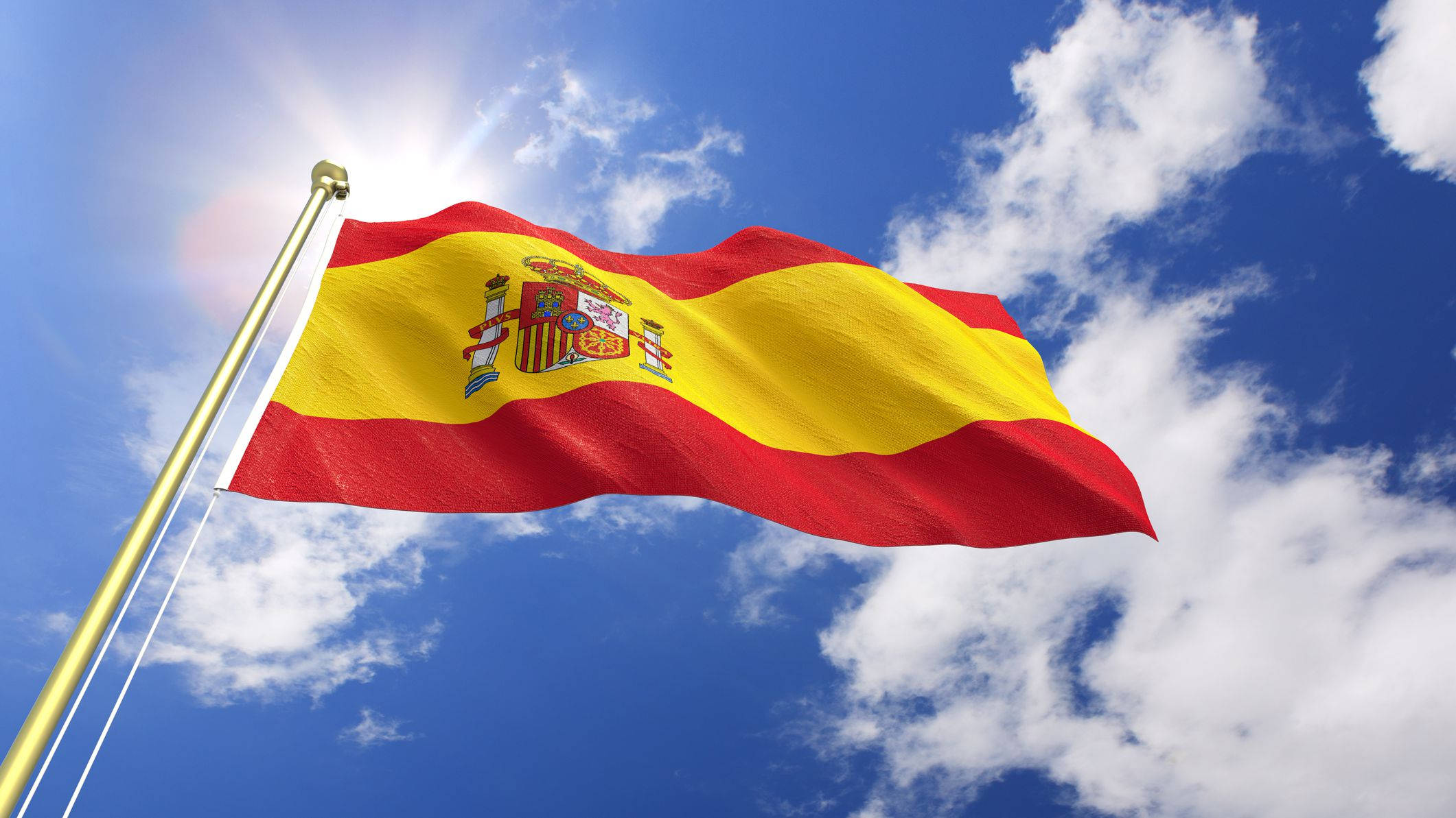 Spain flag, bright blue sky, fluffy white clouds, Full HD Desktop Wallpaper