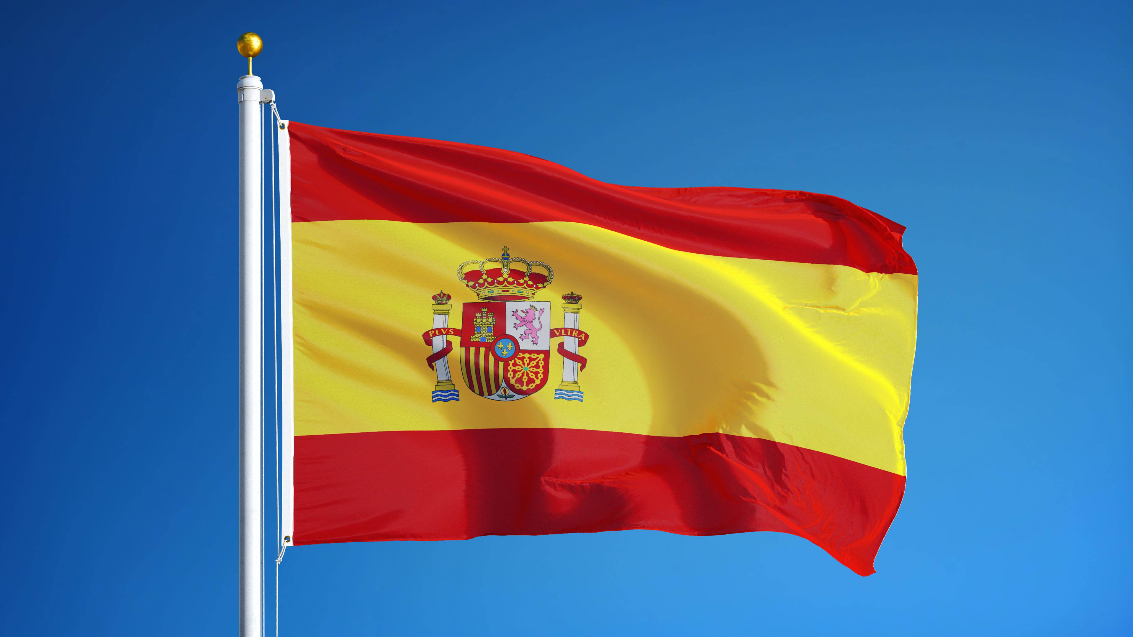 Spain flag, clear blue sky, vibrant red and yellow stripes, 4K Desktop Wallpaper