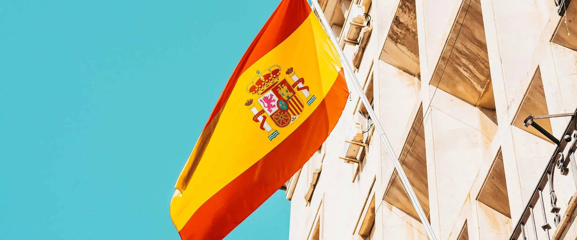 Spain flag, balcony, clear blue sky, Full HD Desktop Wallpaper