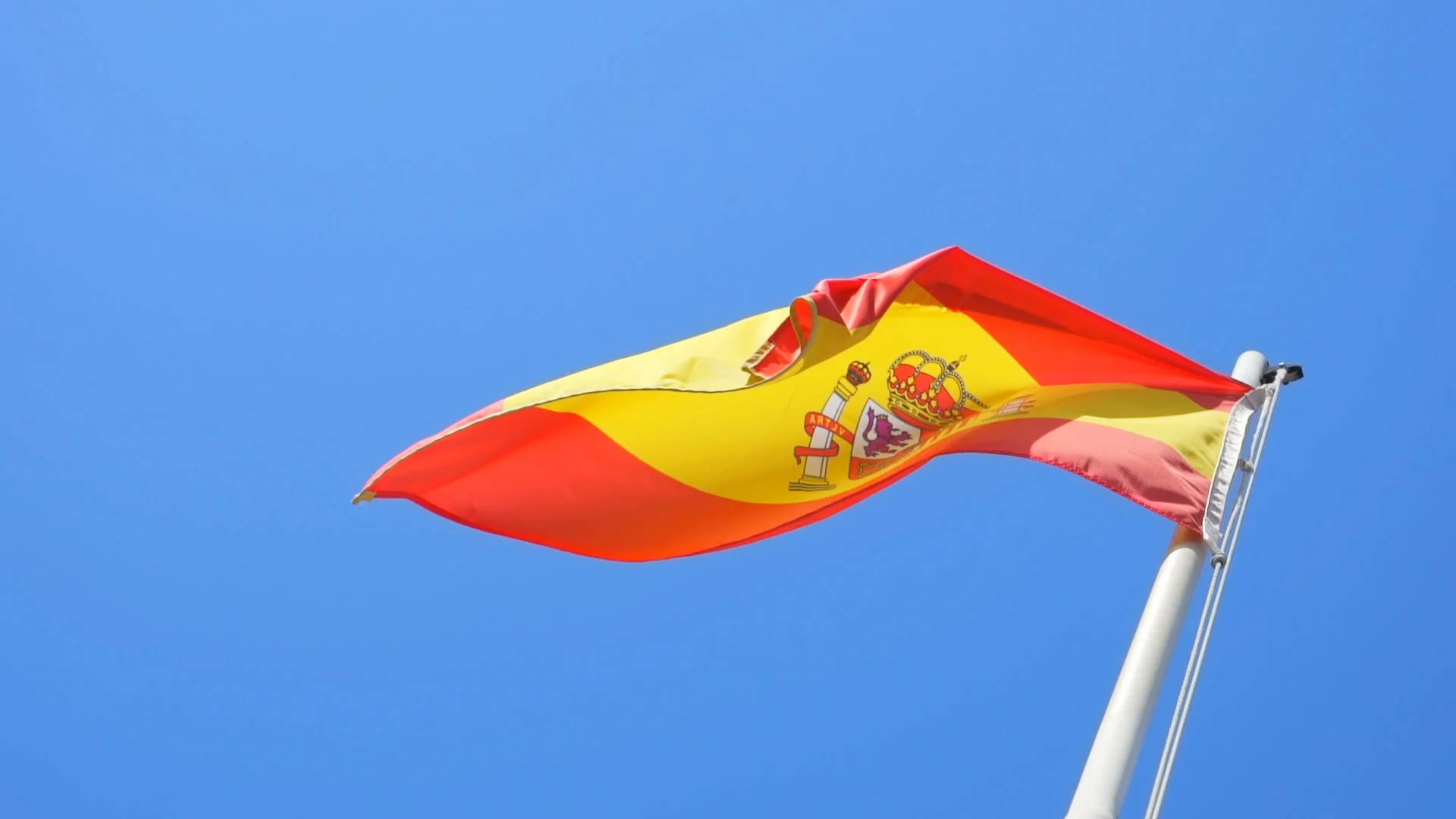 wavy spain flag, pole, red and yellow stripes, Full HD Desktop Wallpaper