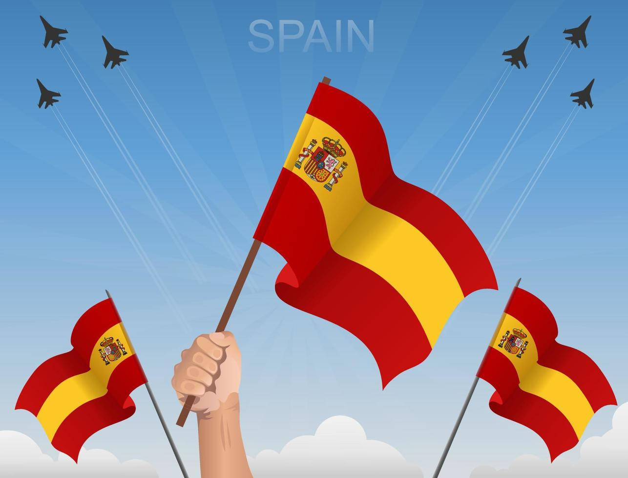 Spain flag, fighter jets, bright blue sky, HD Desktop Wallpaper