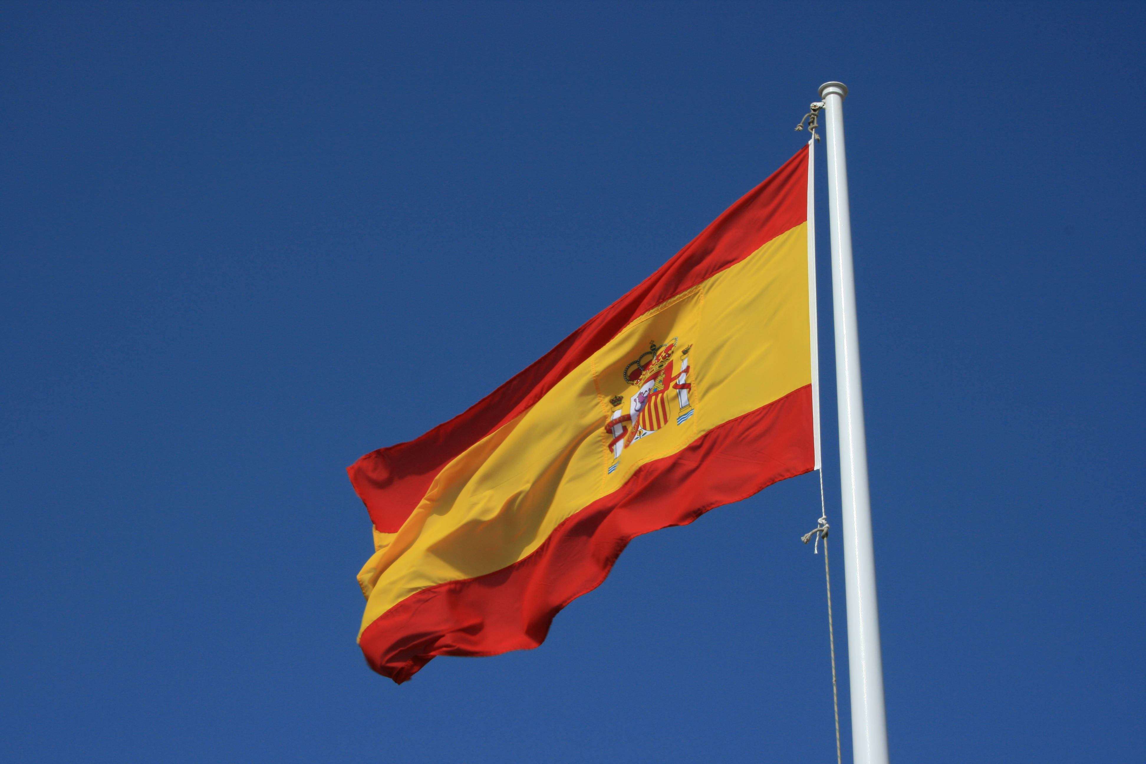 Spain flag, red yellow stripes, coat of arms, 4K Desktop Wallpaper