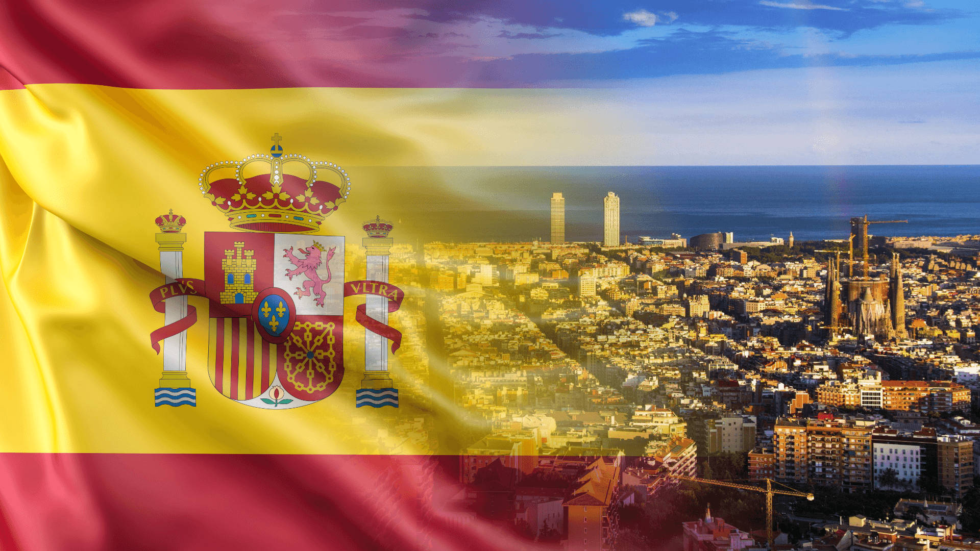 Spain flag, urban cityscape, coastal cityscape, Full HD Desktop Wallpaper