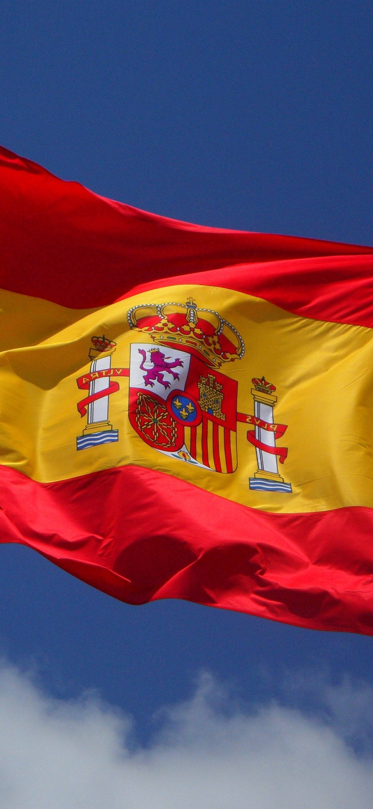 Spain flag, coat of arms, clear blue sky, 2K Phone Wallpaper