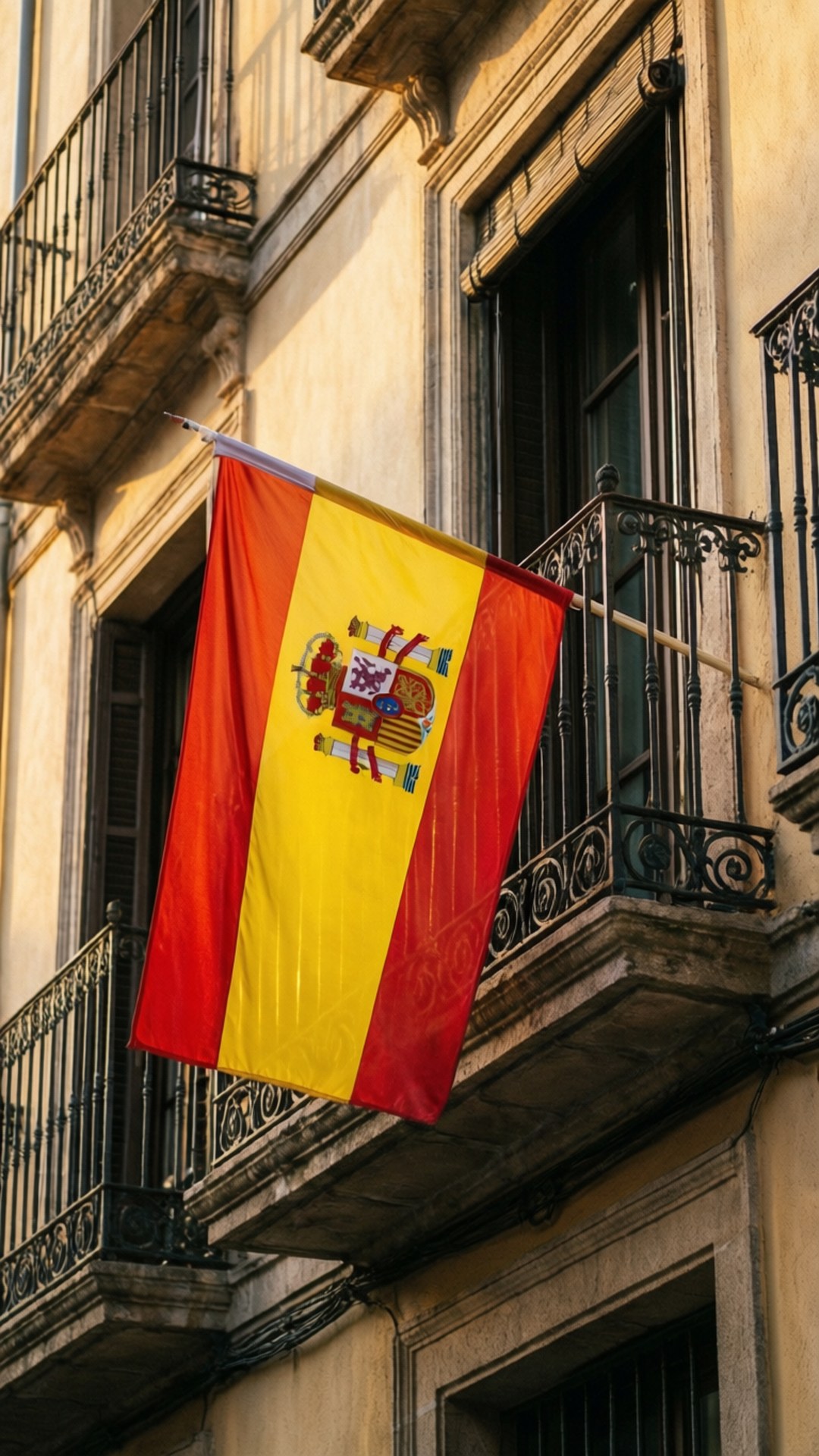 Spain flag, wrought iron balcony, sunlit historic building, Full HD Phone Wallpaper