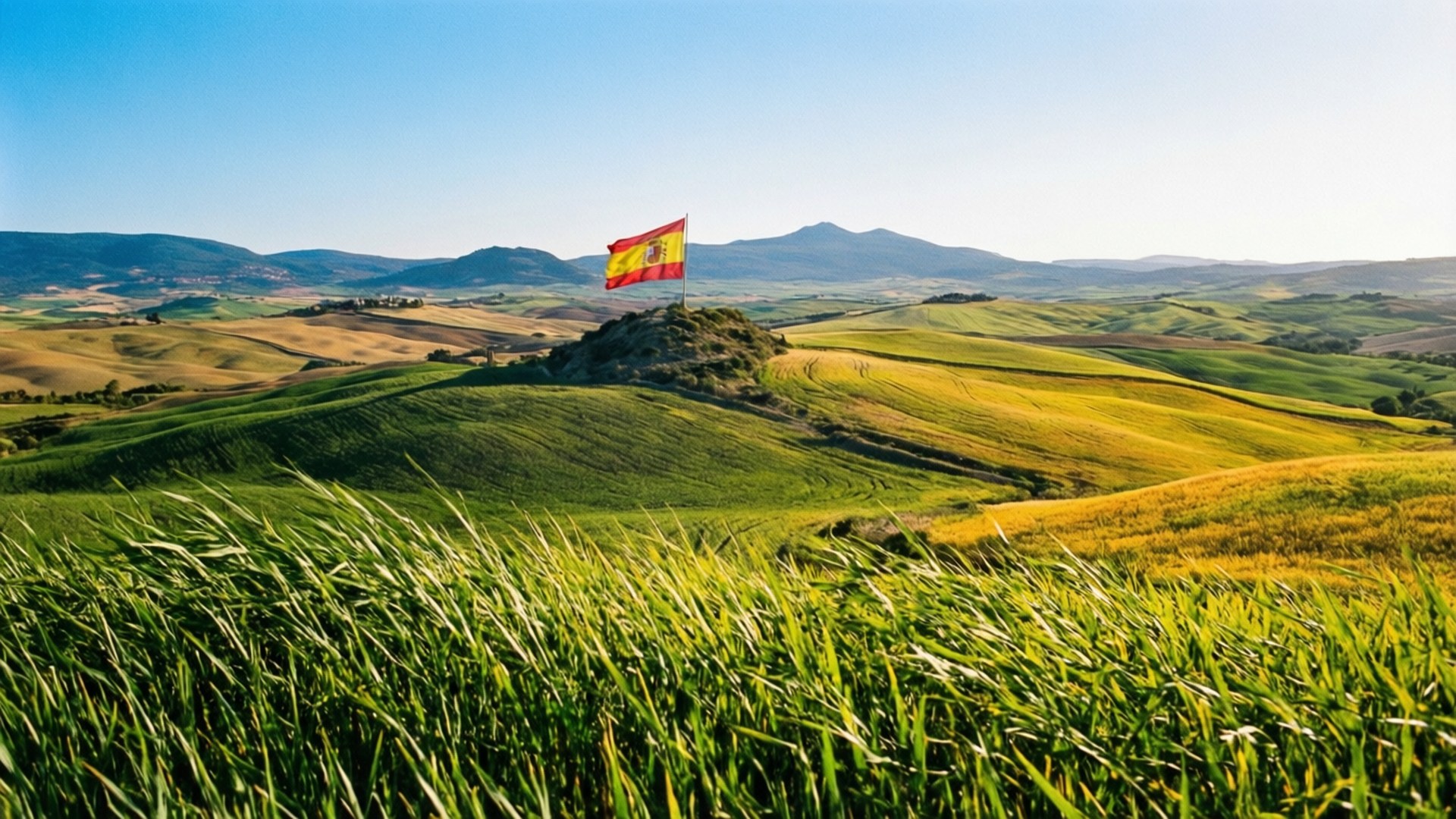 Spain flag, rocky hill, golden rolling hills, Full HD Desktop Wallpaper