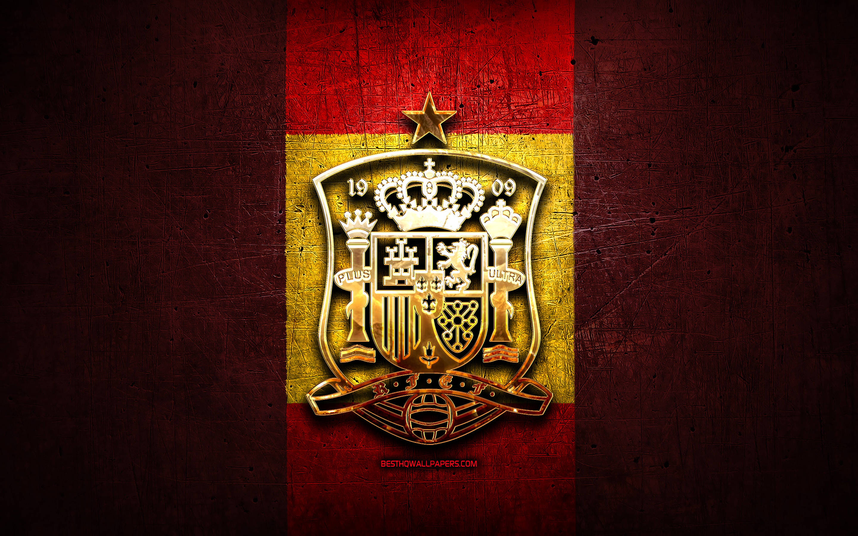Spain National Football Team, golden royal crest, red and yellow stripes, 2K Desktop Wallpaper