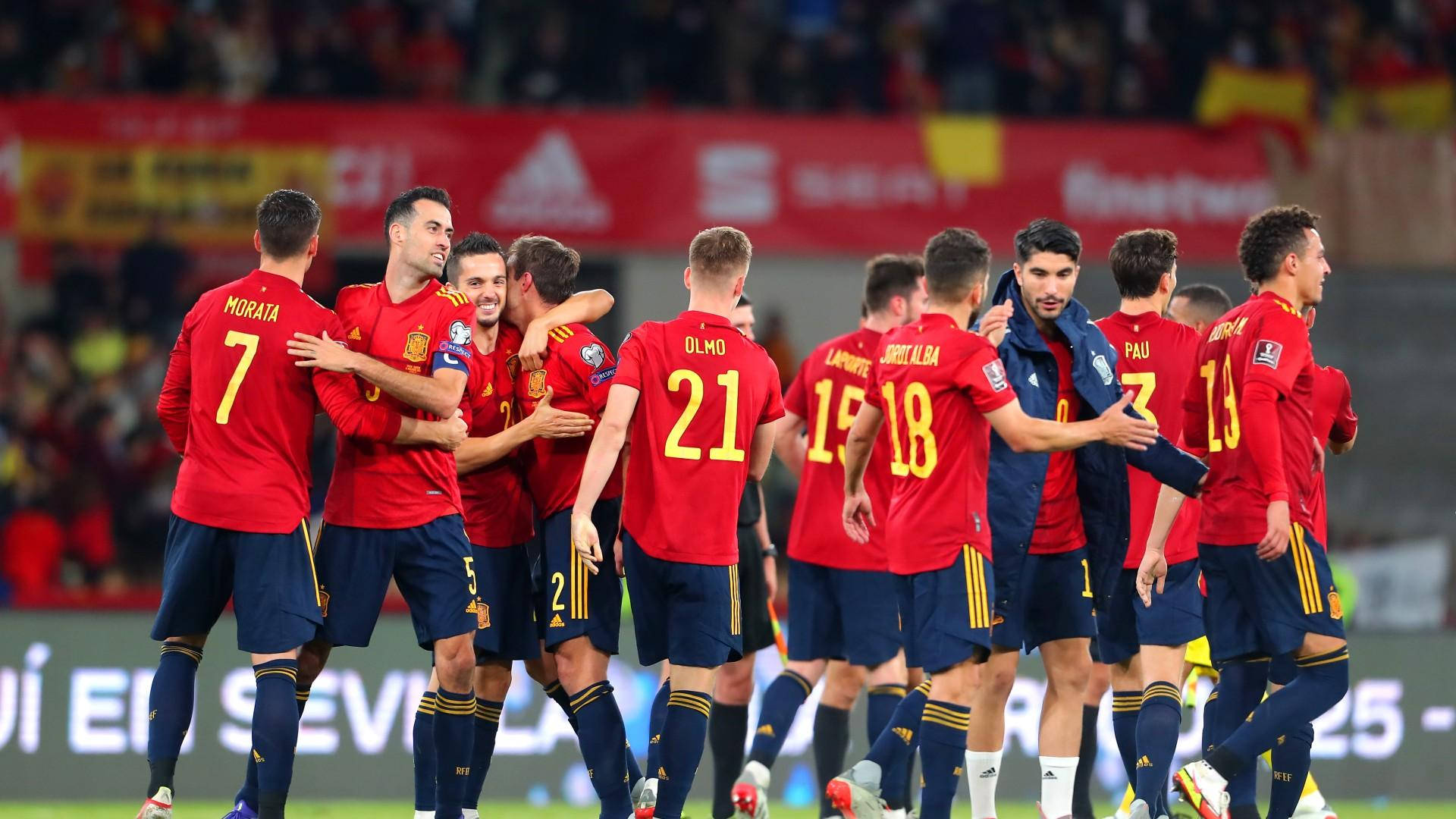 Spain National Football Team, red jerseys, brightly lit stadium field, Full HD Desktop Wallpaper
