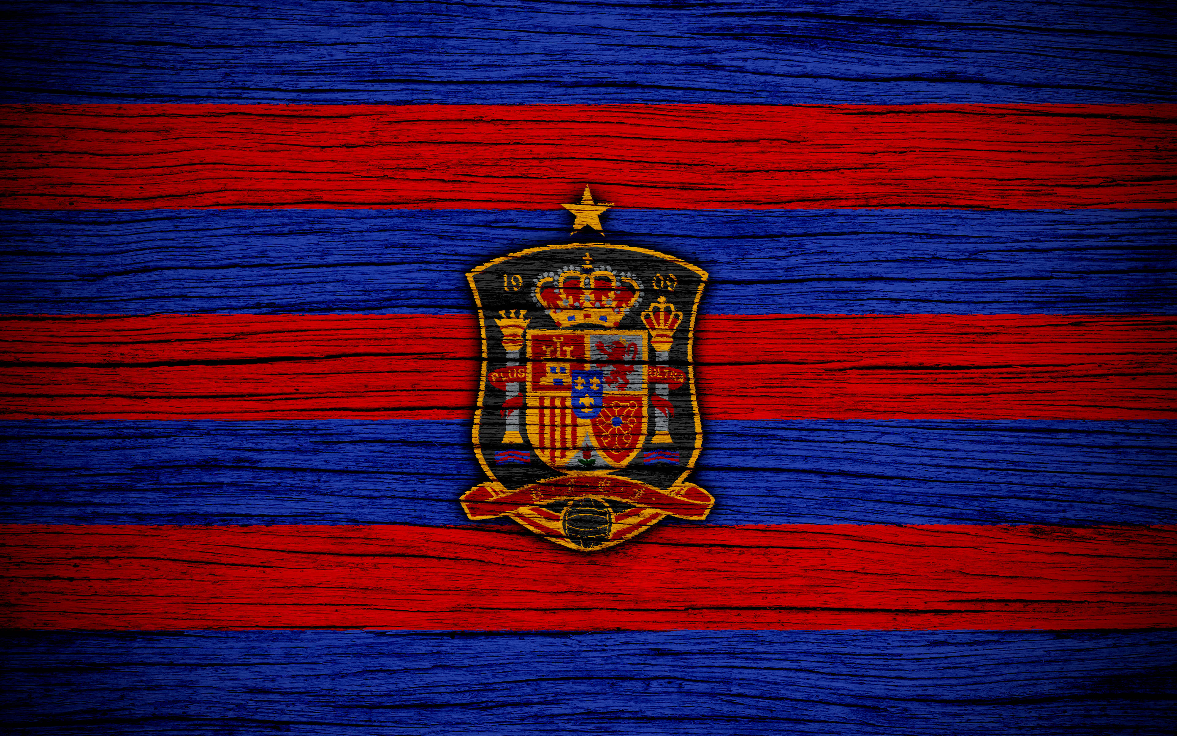 Spain National Football Team, red and blue striped wooden texture, crest, 4K Desktop Wallpaper