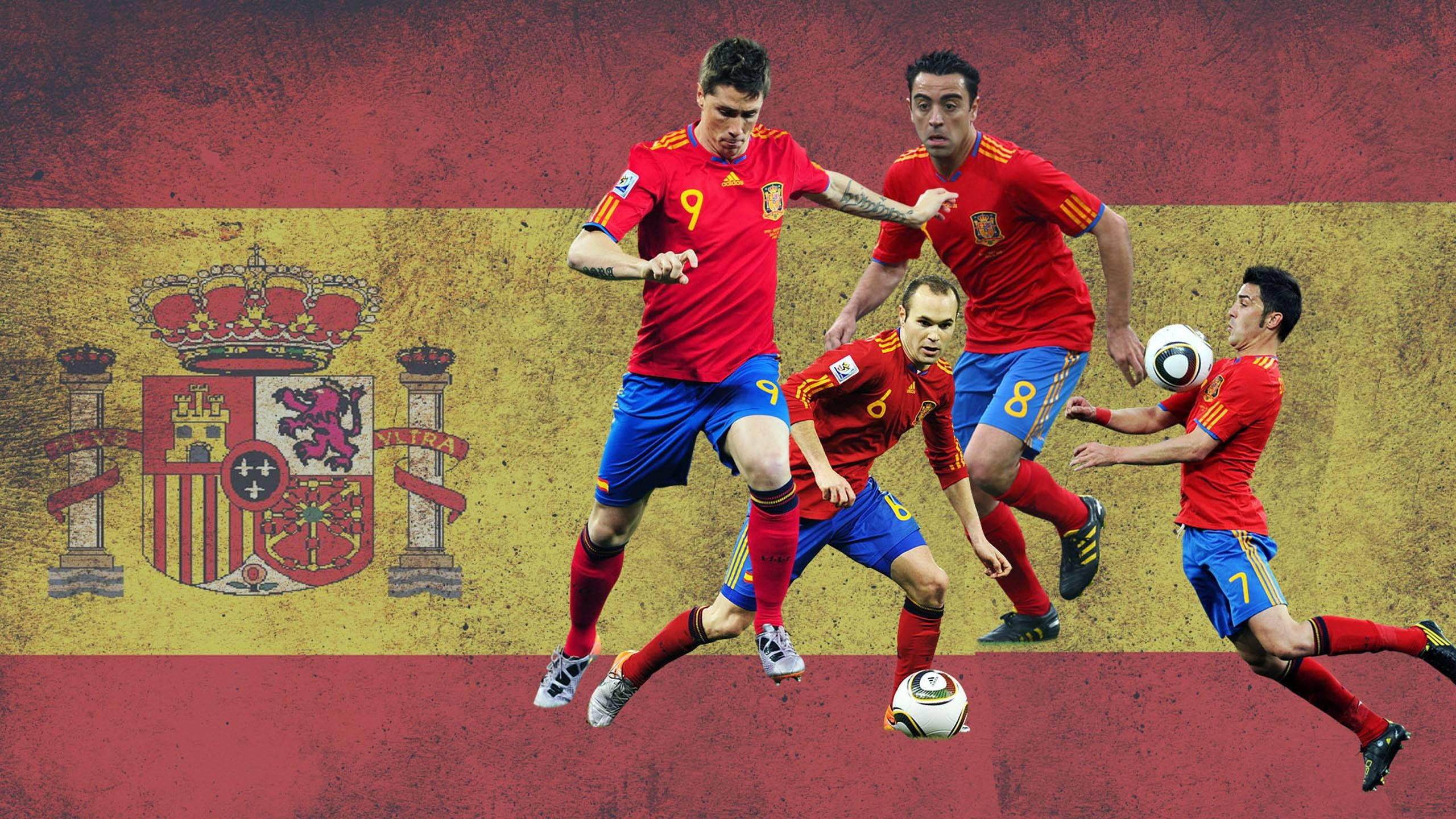 Spain National Football Team, red jerseys, textured Spanish flag backdrop, 2K Desktop Wallpaper