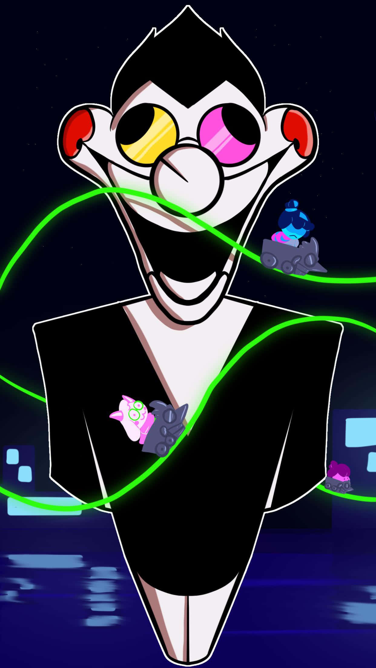 Spamton, neon colors, glowing green lines, Full HD Phone Wallpaper