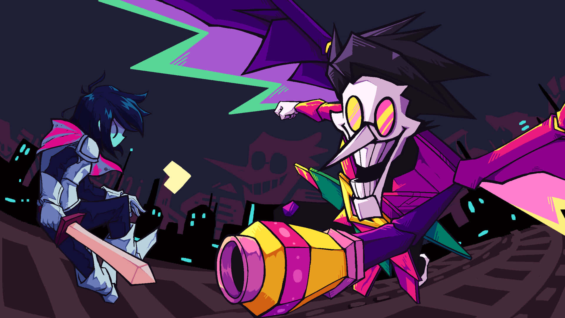 Spamton, 1920 x 1080, neon-drenched urban night scene, Full HD Desktop Wallpaper