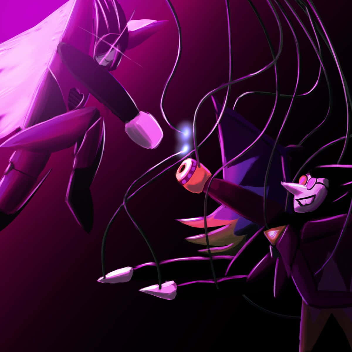 Spamton, purple-lit scene, glowing wires, SD Desktop Wallpaper