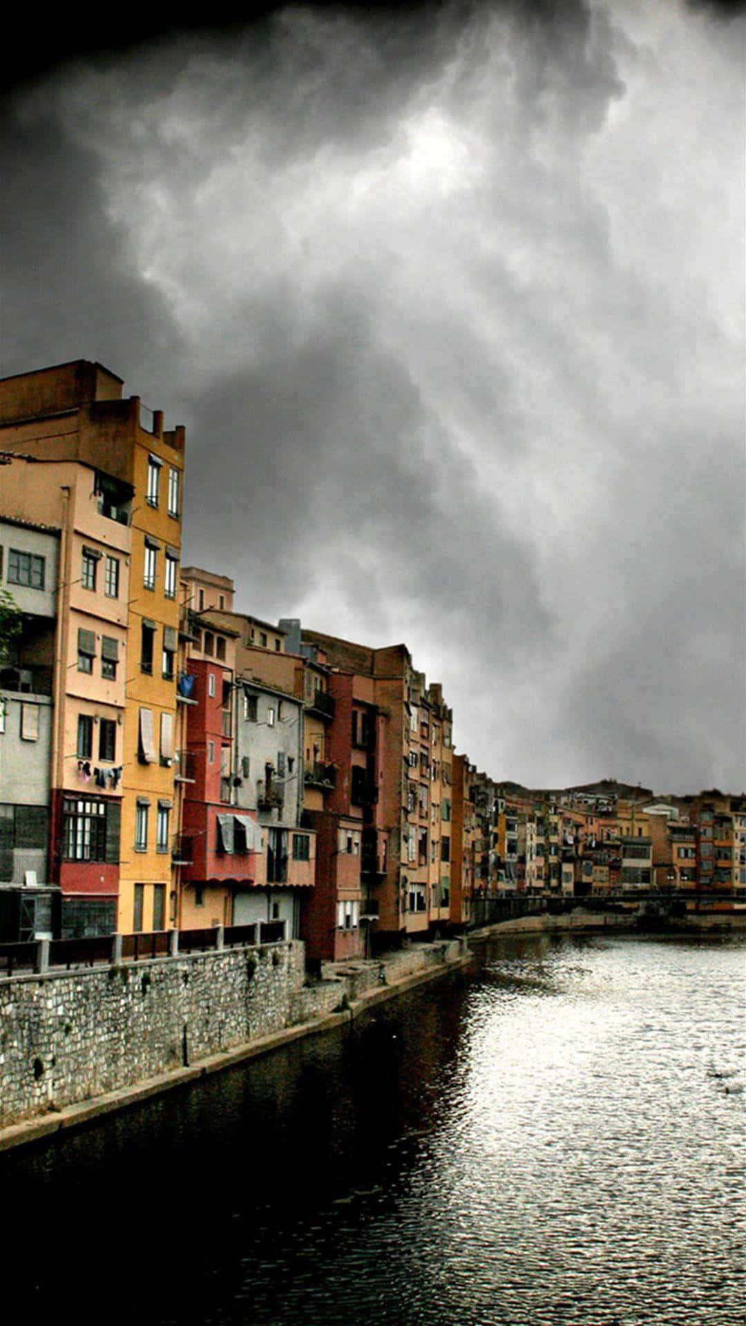 stormy sky, calm river, terracotta buildings, Full HD Phone Wallpaper