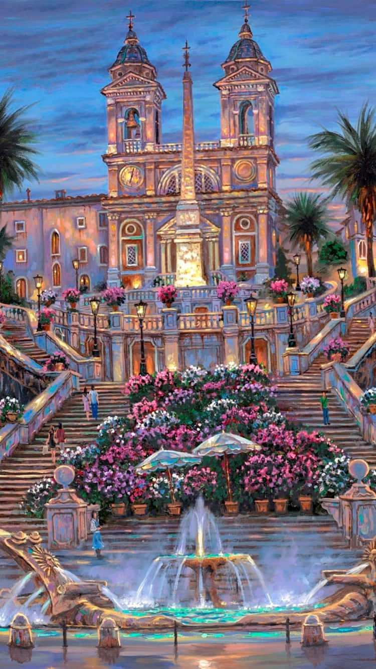 Spanish Steps, European church, illuminated fountain, HD Phone Wallpaper