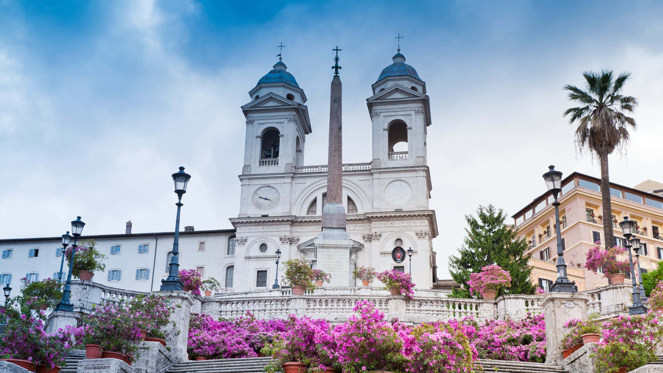 Spanish Steps, azalea flowers, white church, 2K Desktop Wallpaper