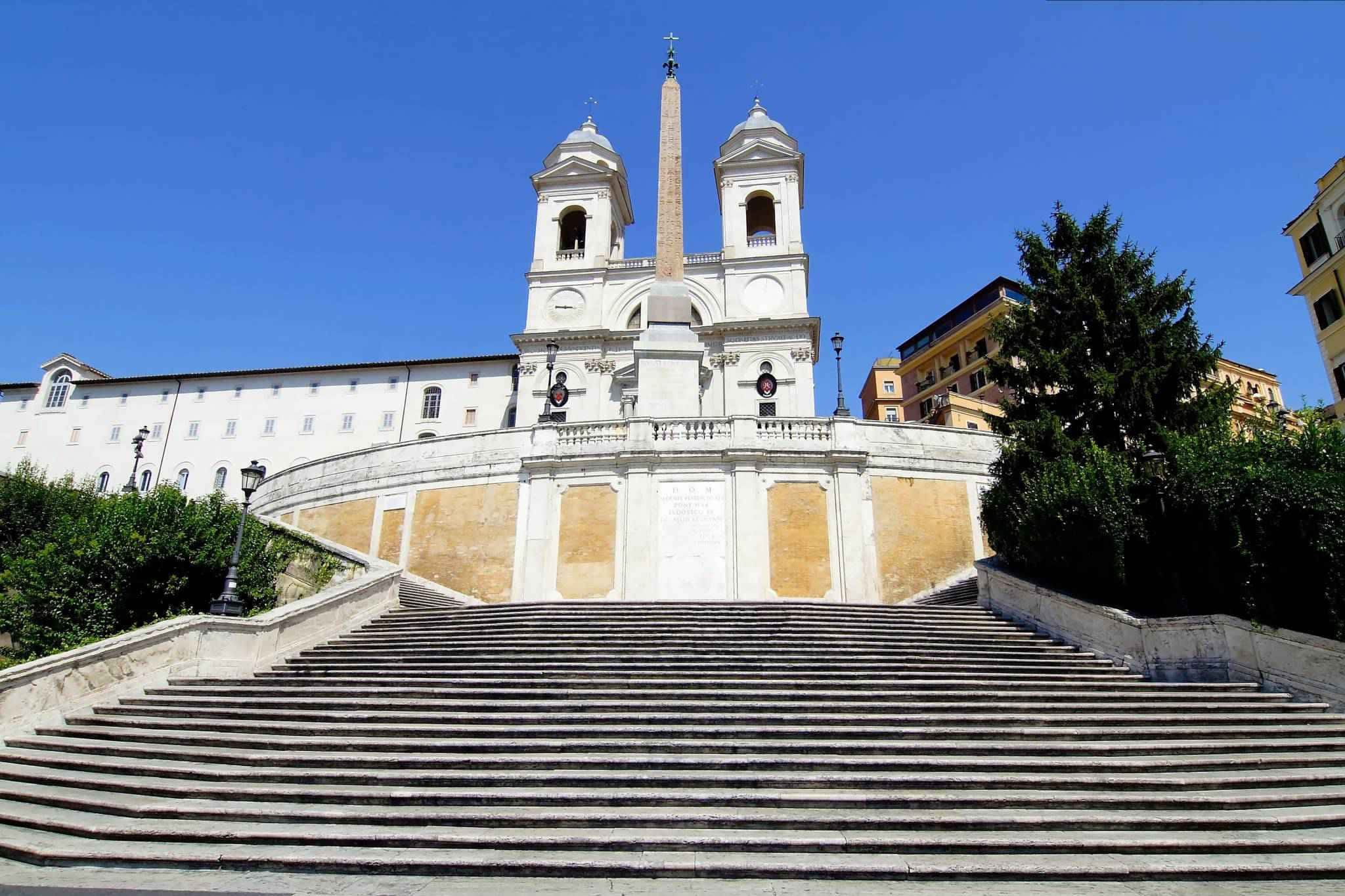 Spanish Steps, white church, twin bell towers, Full HD Desktop Wallpaper
