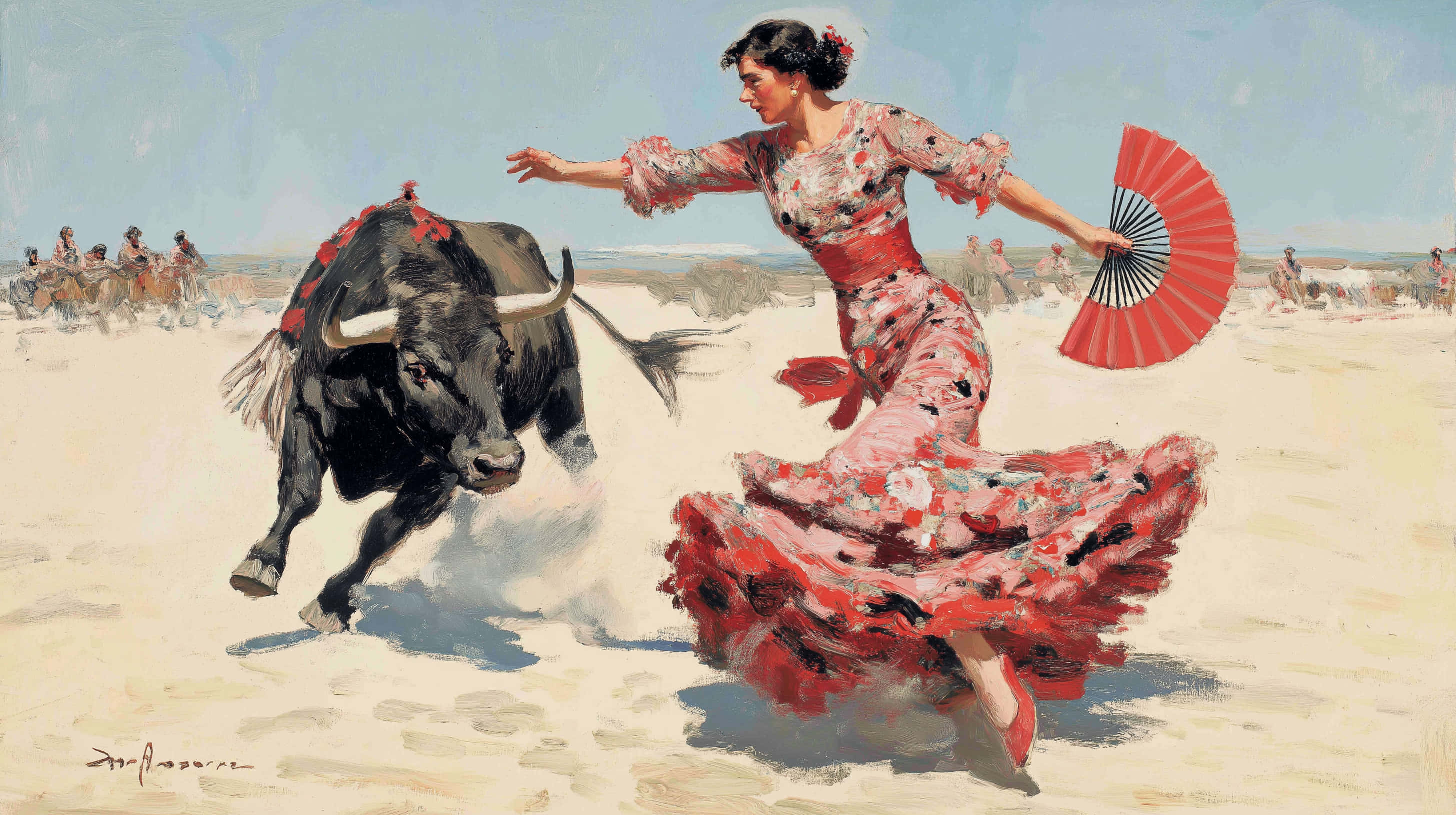 flamenco dancer, red floral dress, red fan, 2K Desktop Wallpaper