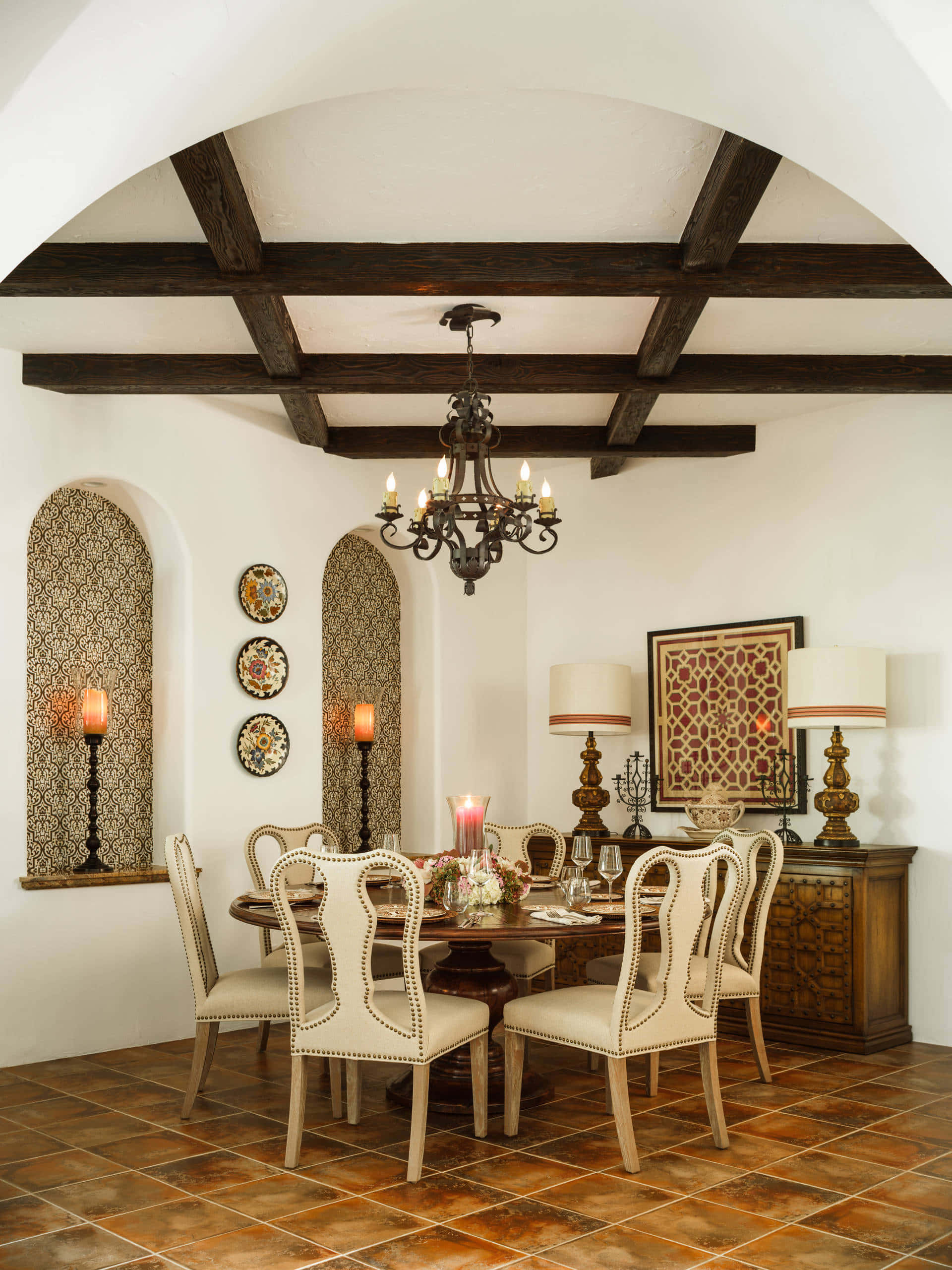 Spanish, rustic dining room, arched ceilings, 2K Phone Wallpaper