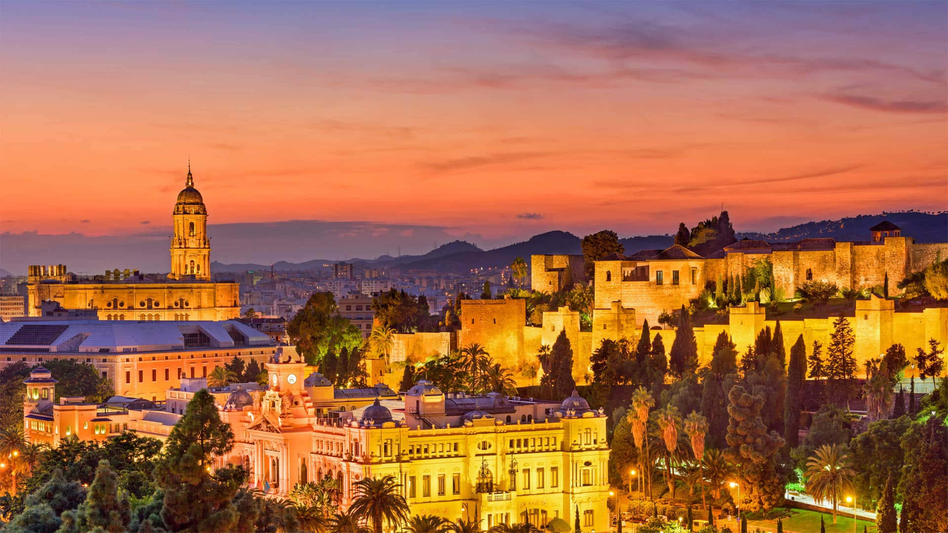 dusk, castle, trees, Full HD Desktop Wallpaper