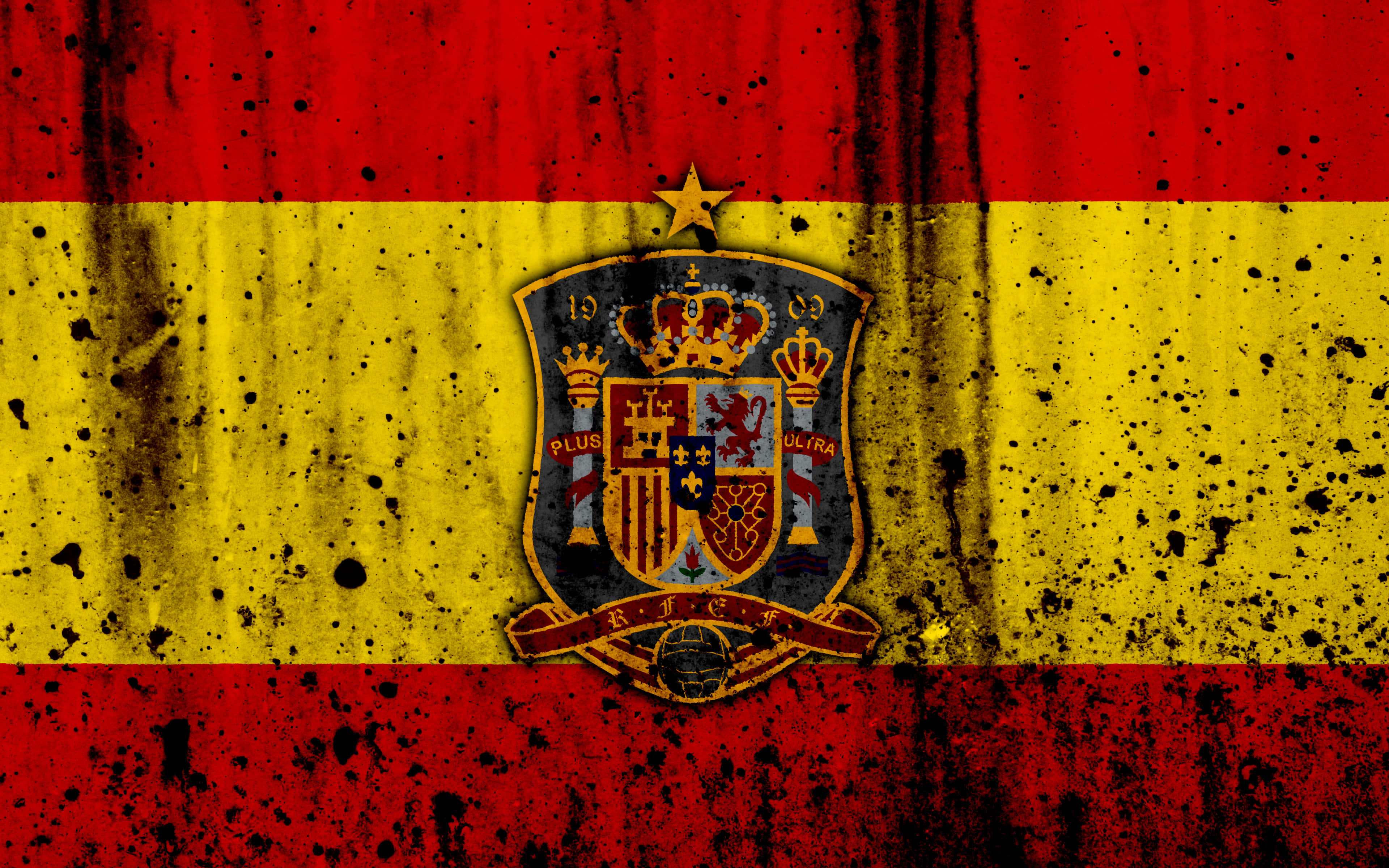 Spanish flag, black splatter, grunge texture, 4K Desktop Wallpaper