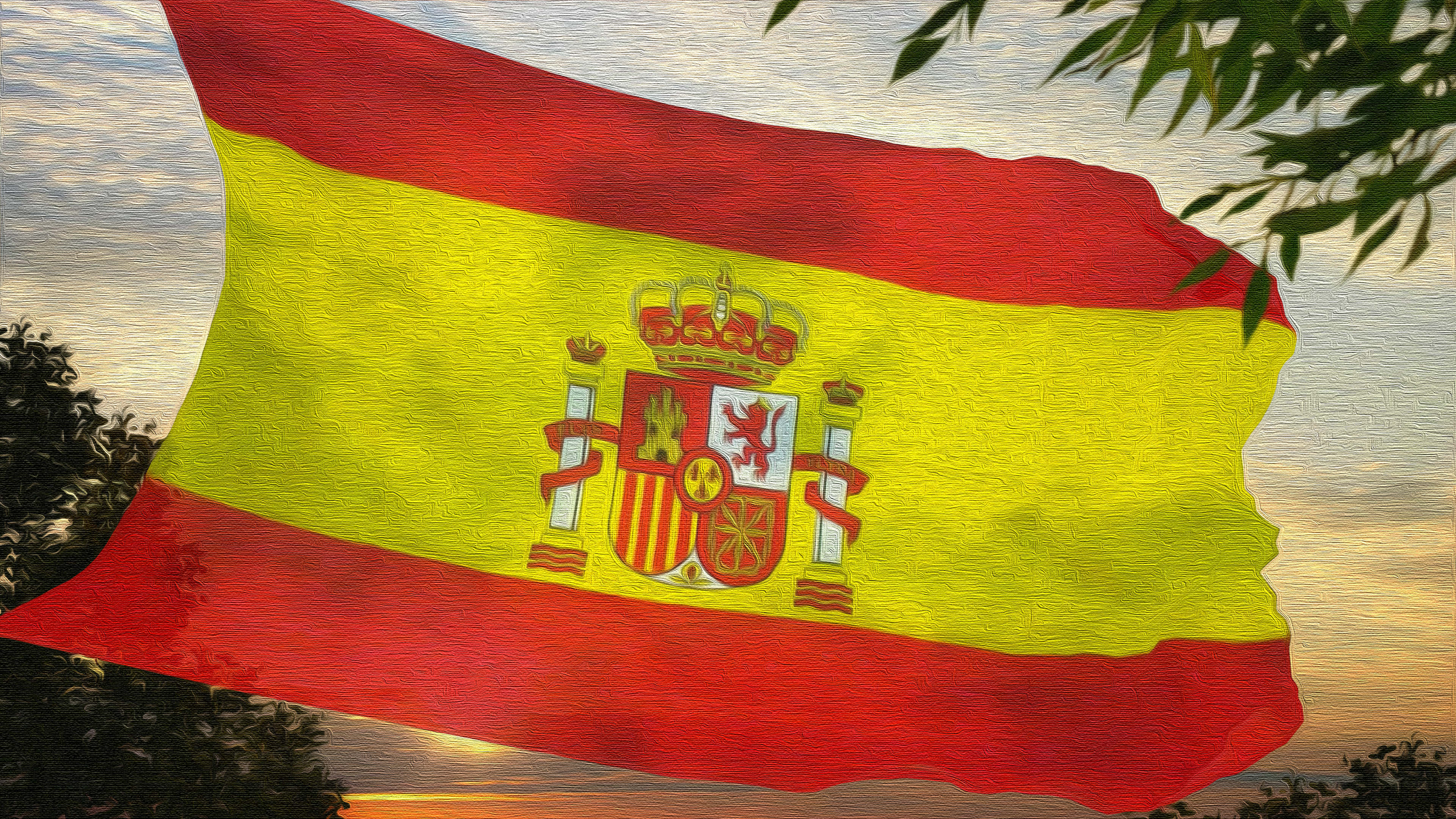 Spanish flag, sunset sky, tree branches, 4K Desktop Wallpaper