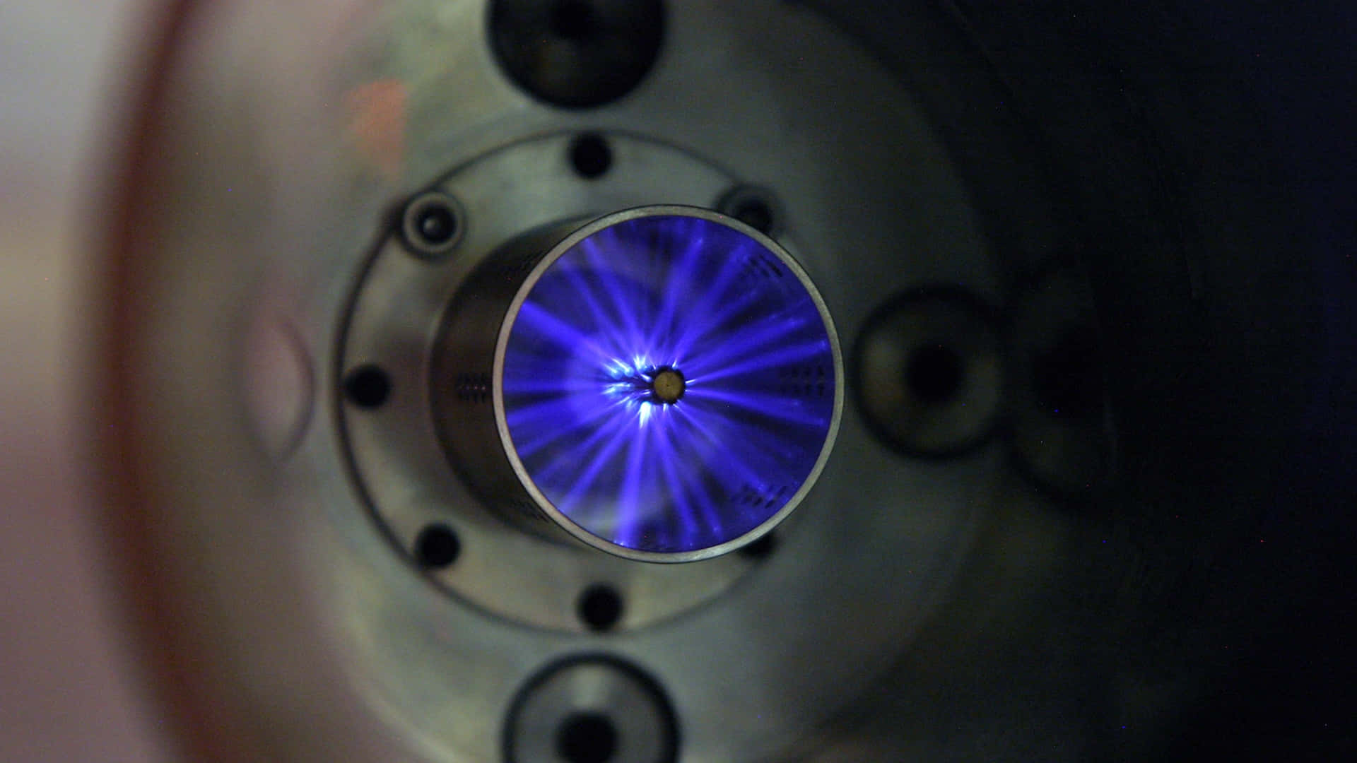 blue light, glowing blue plasma ball, metallic cylindrical chamber, Full HD Desktop Wallpaper