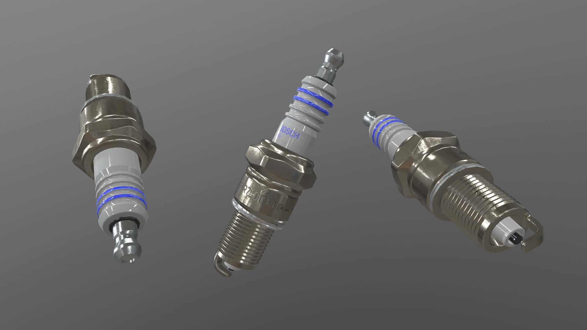 spark plug, blue insulated threads, neutral gray background, Full HD Desktop Wallpaper