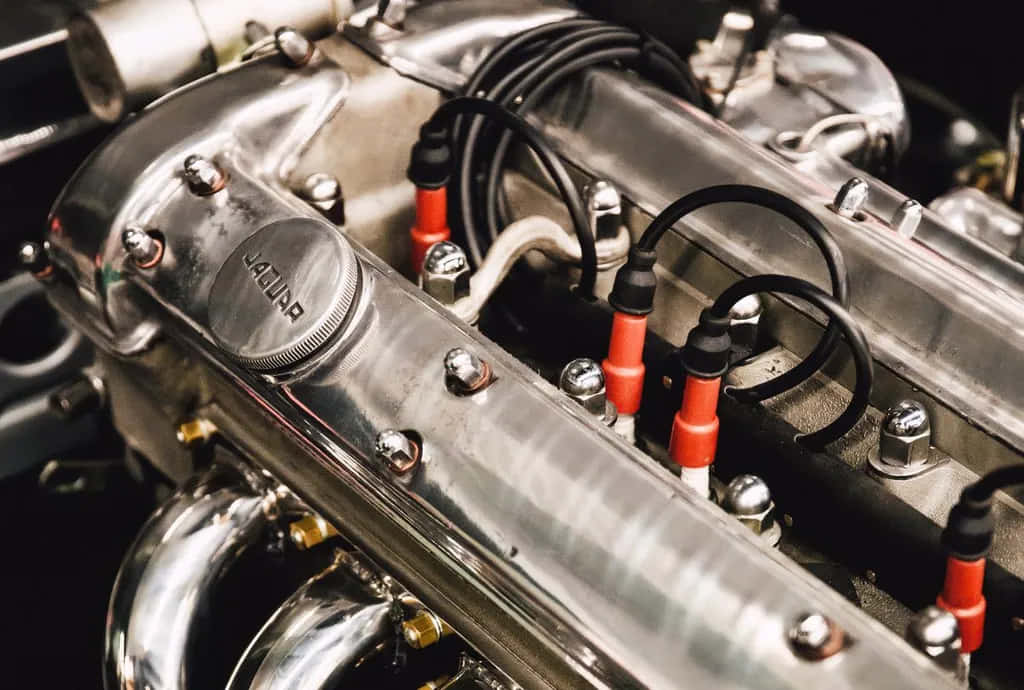 silver engine, gleaming chrome engine, red spark plug wires, SD Desktop Wallpaper