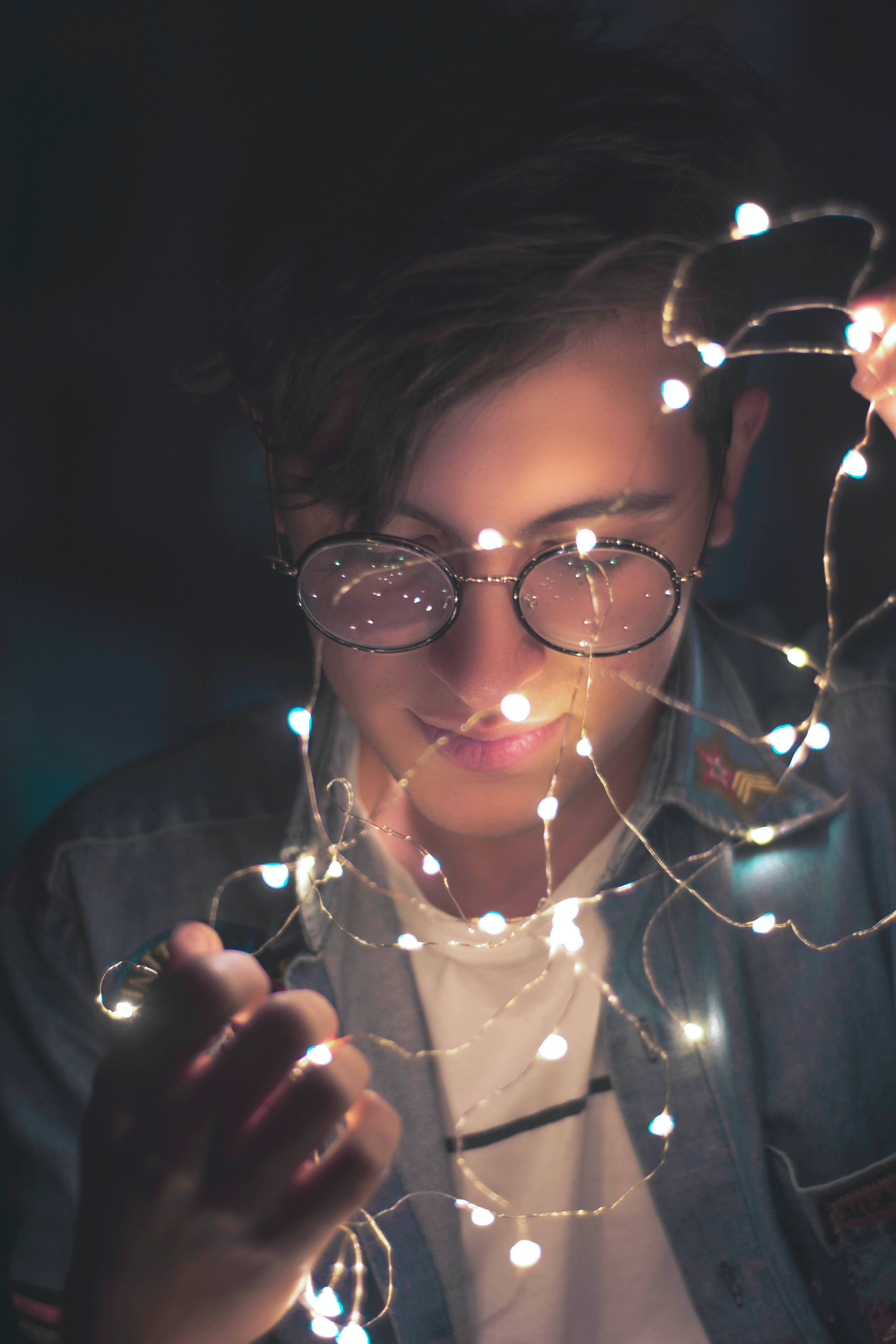 fairy lights, glasses, dark room, 5K Phone Wallpaper