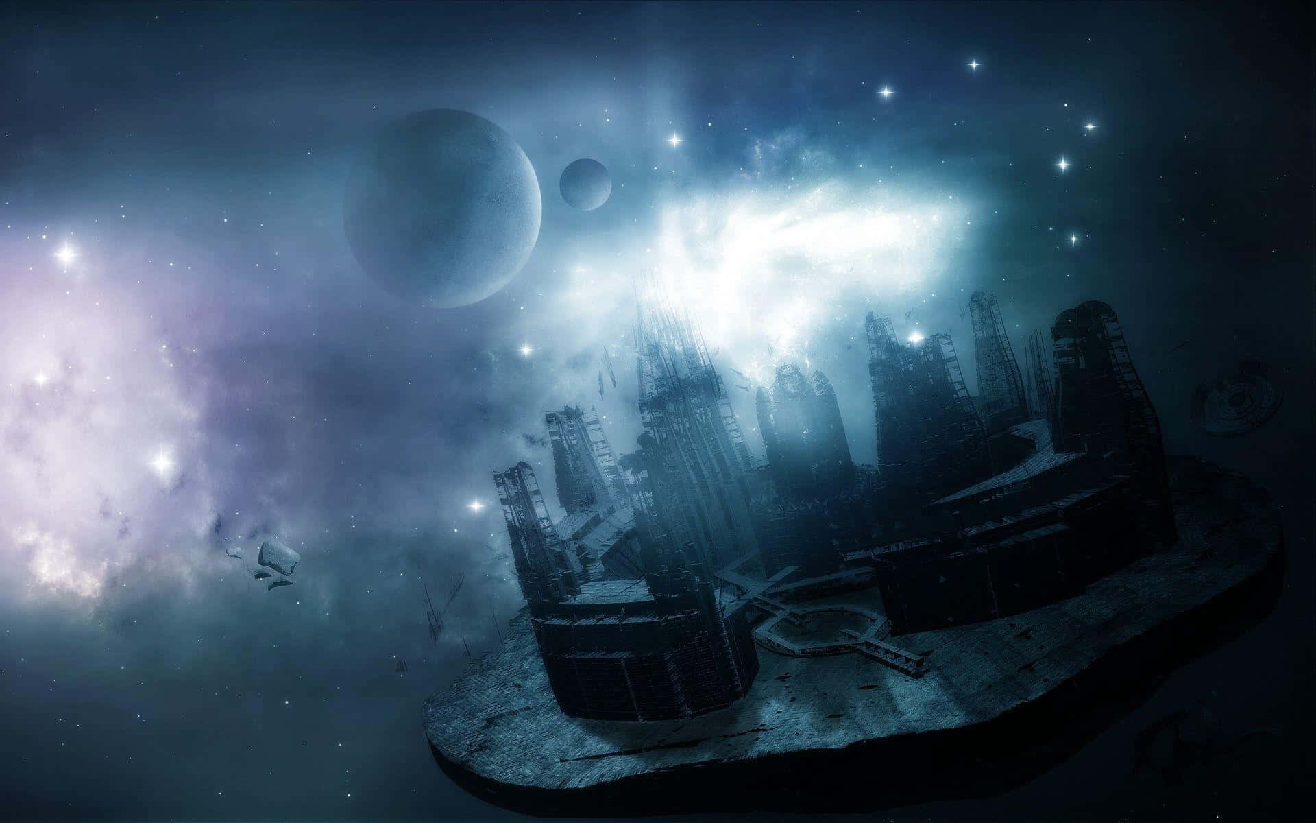 Cosmic cityscape, floating city, towering spires, Full HD Desktop Wallpaper