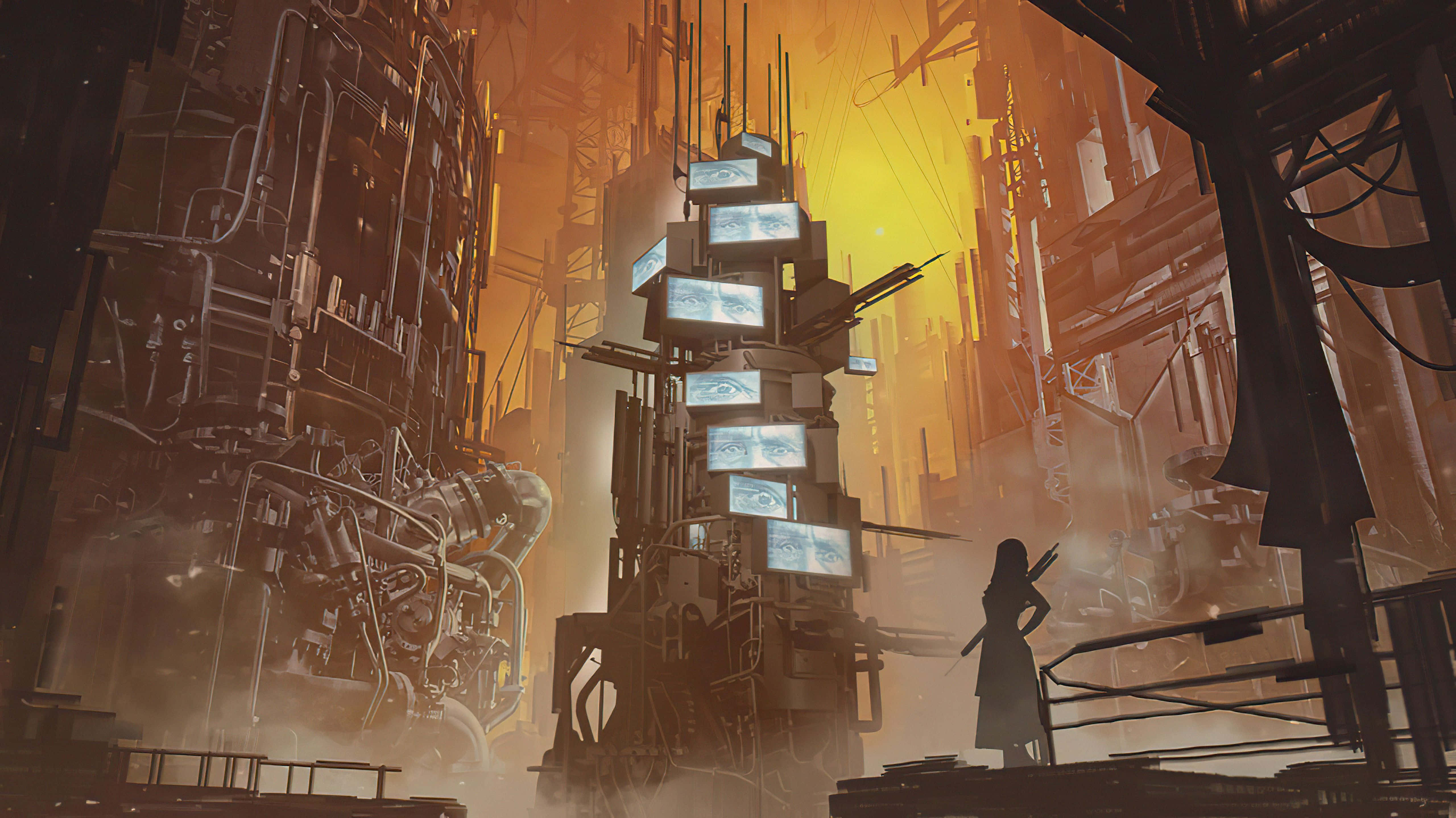 dystopian industrial landscape, towering dystopian cityscape, golden sunset light, 5K Desktop Wallpaper