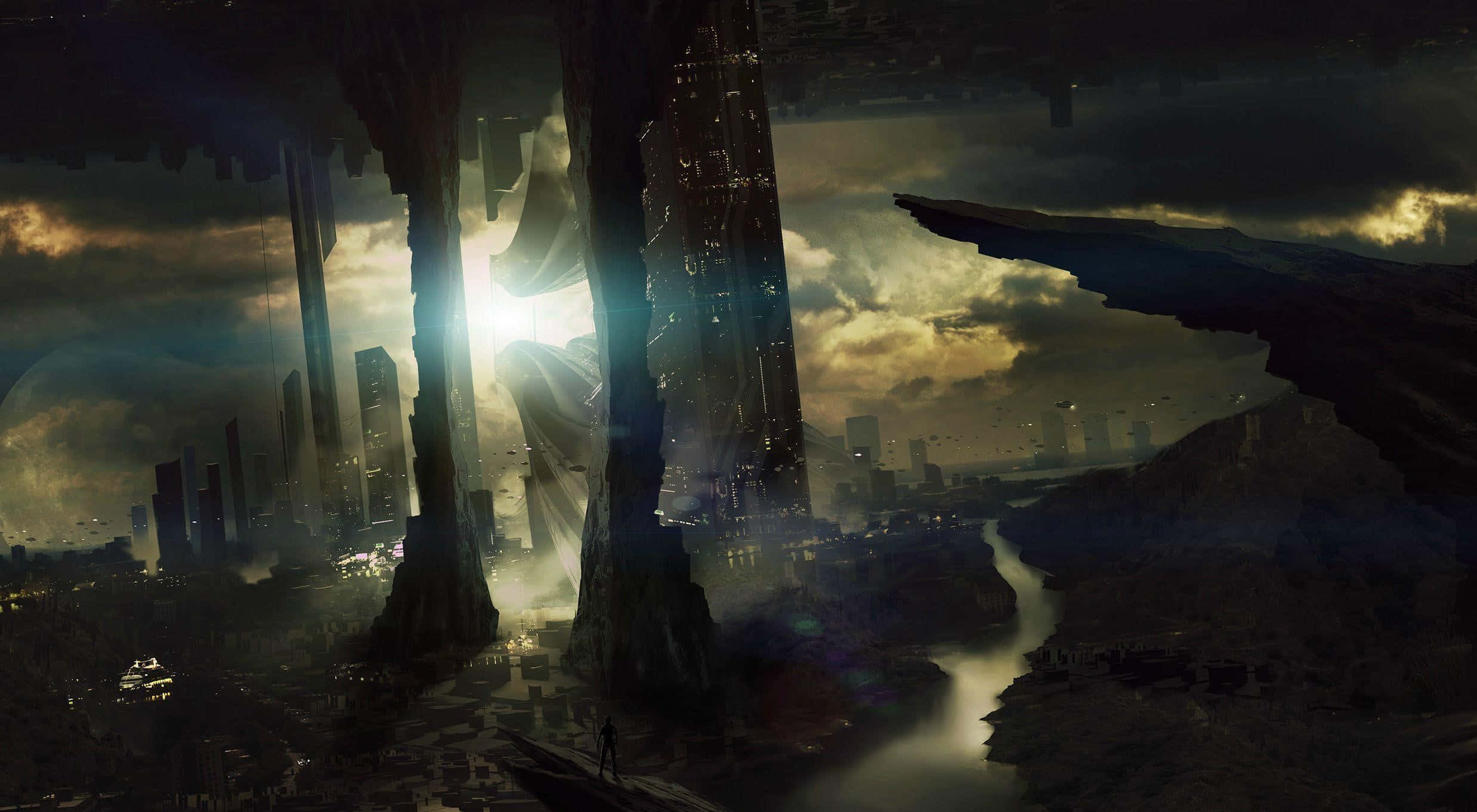 dystopian cityscape ruins, shattered futuristic cityscape, dramatic sunset, Full HD Desktop Wallpaper