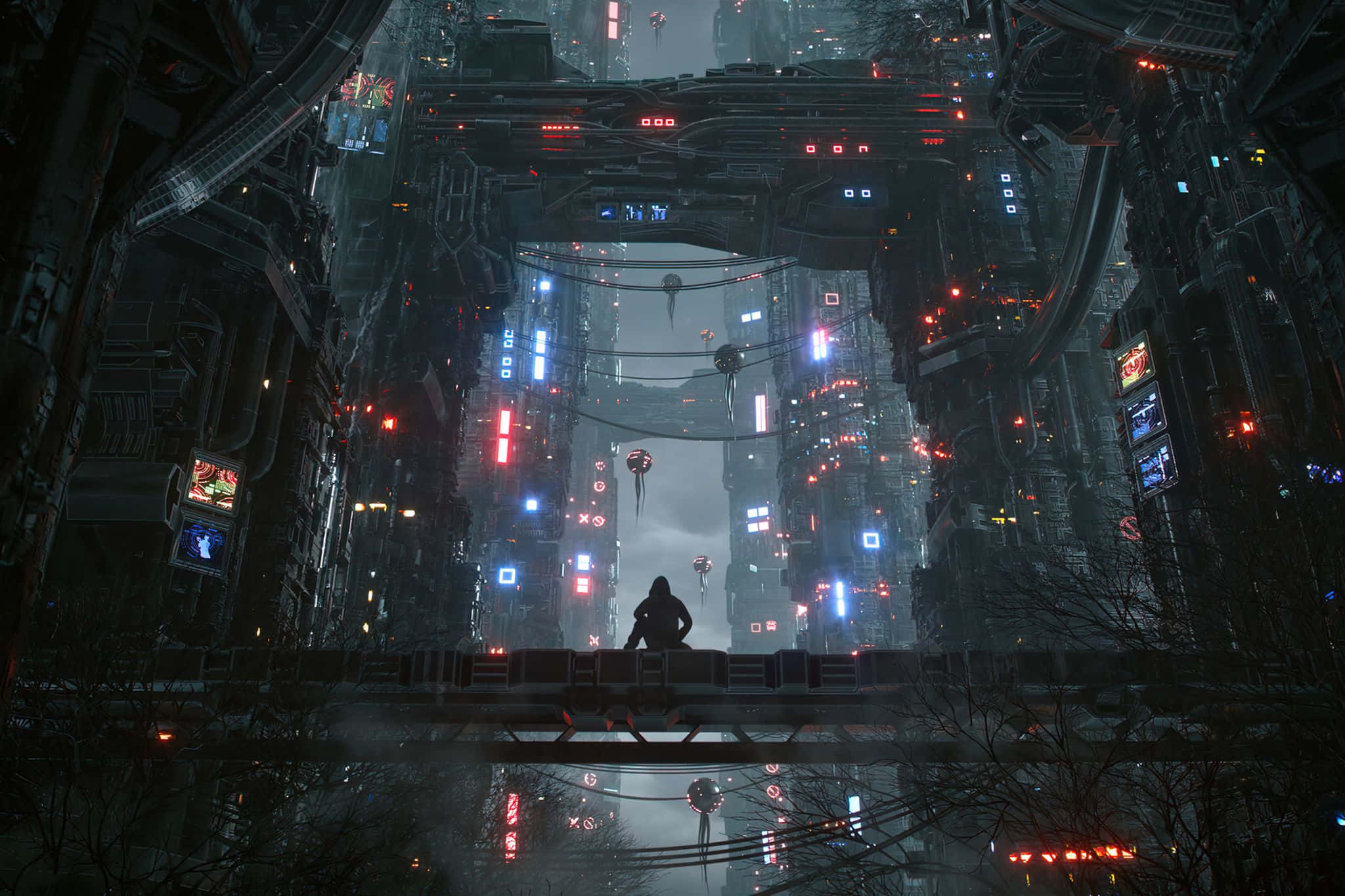 cyberpunk cityscape, neon red and blue lights, lone figure, Full HD Desktop Wallpaper
