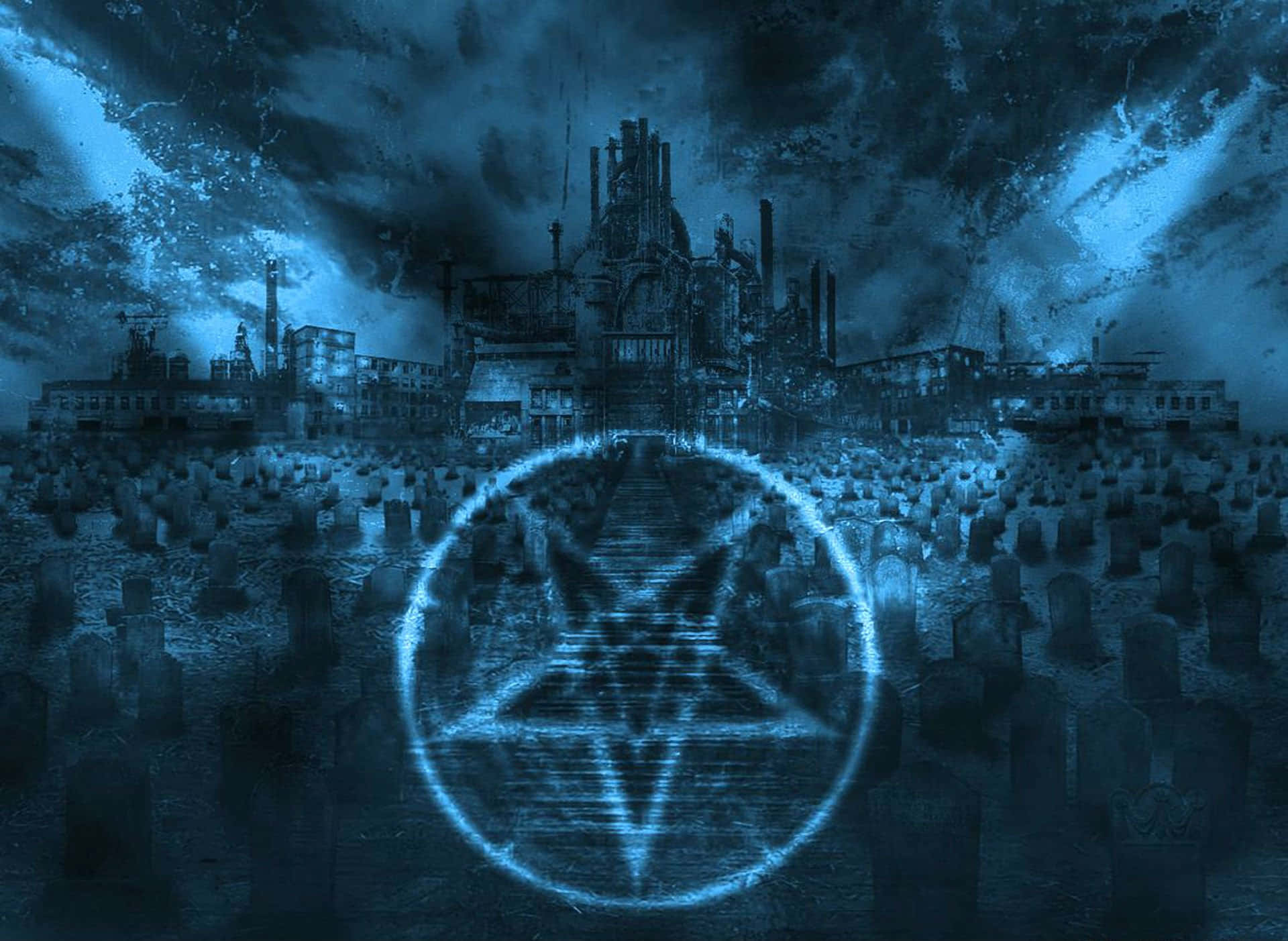 inverted pentagram, desolate graveyard, stormy blue sky, Full HD Desktop Wallpaper