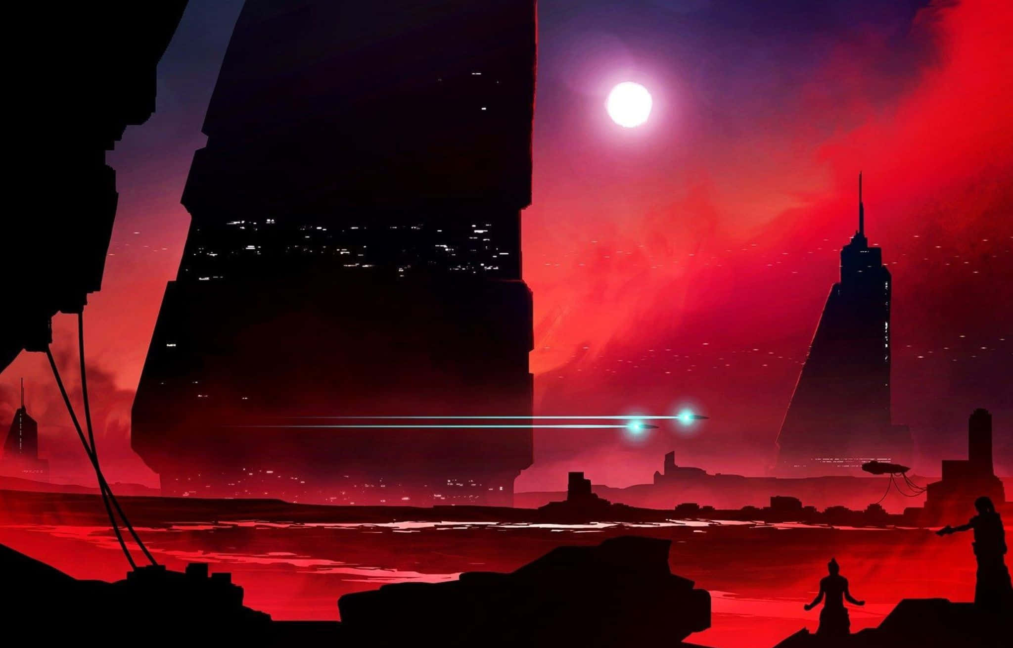 Crimson Sci Fi Landscape, glowing red sun, towering alien architecture, Full HD Desktop Wallpaper