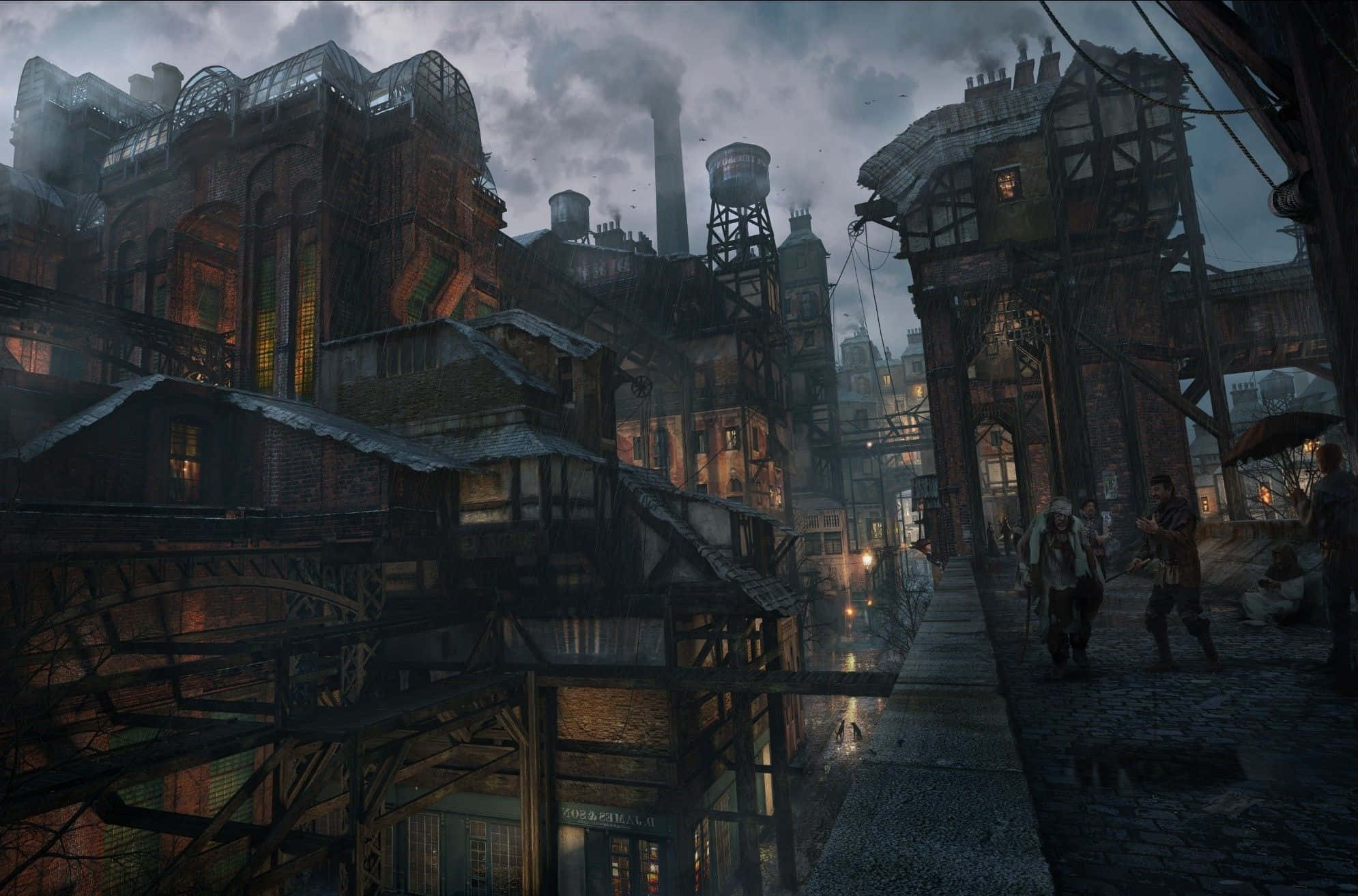 steampunk, alleyway, rainy, Full HD Desktop Wallpaper
