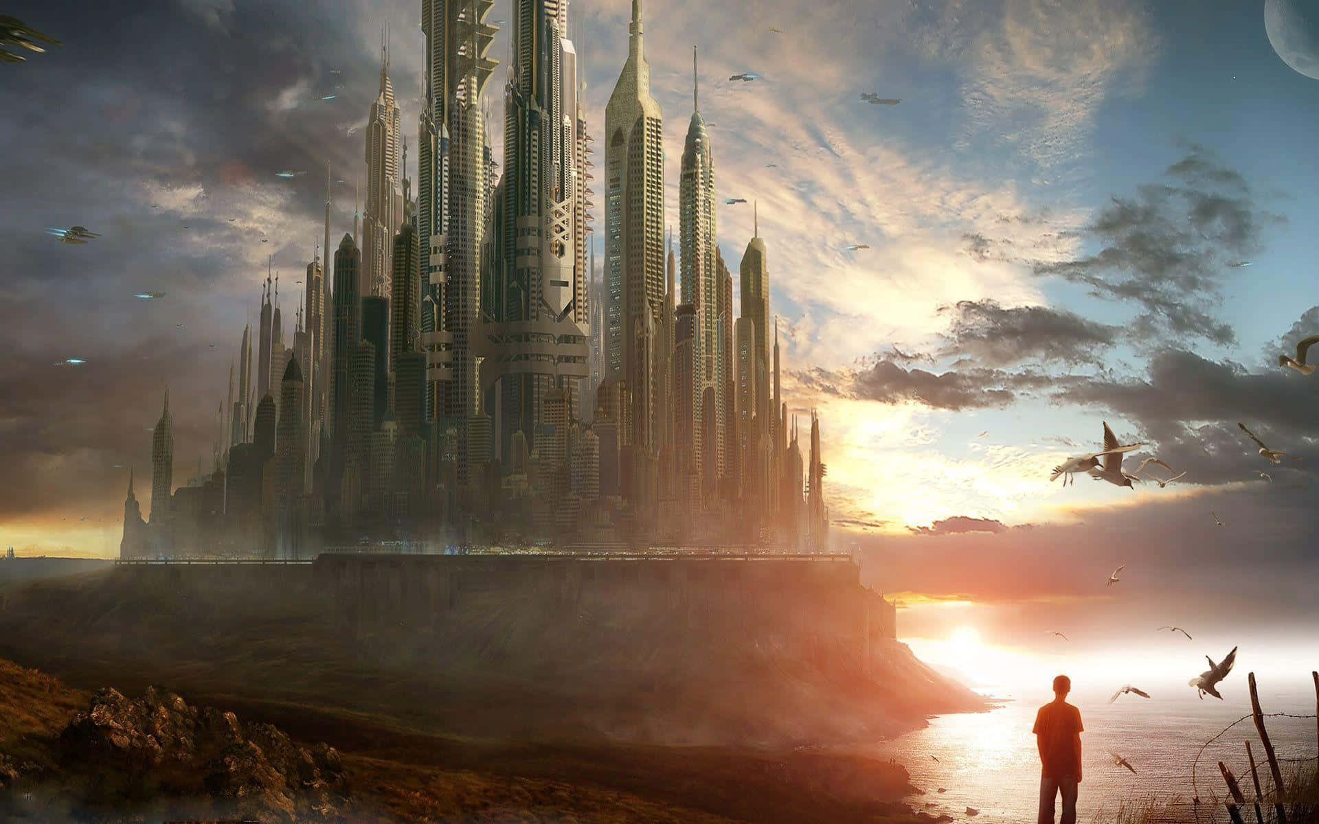 cosmic metropolis, sunset, cliff, Full HD Desktop Wallpaper