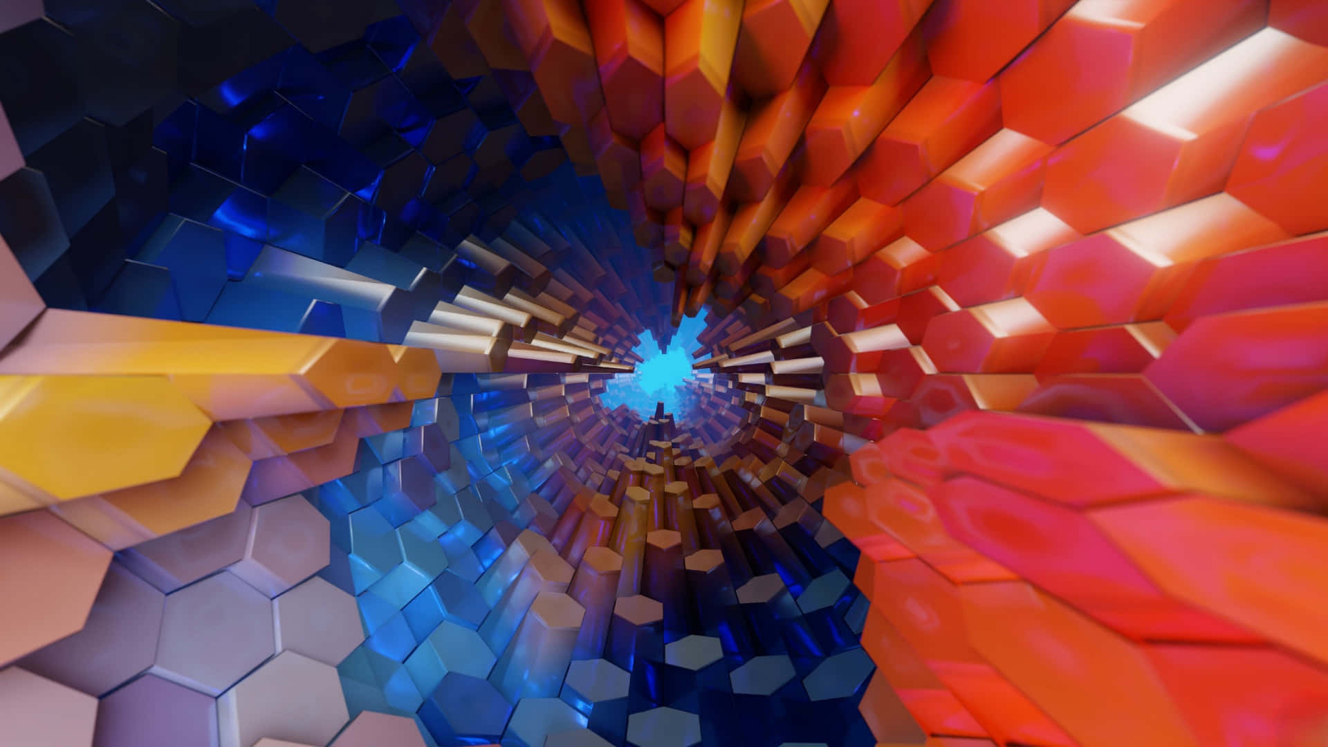 colorful hexagonal tunnel, glowing hexagonal prisms, spirals inward, Full HD Desktop Wallpaper