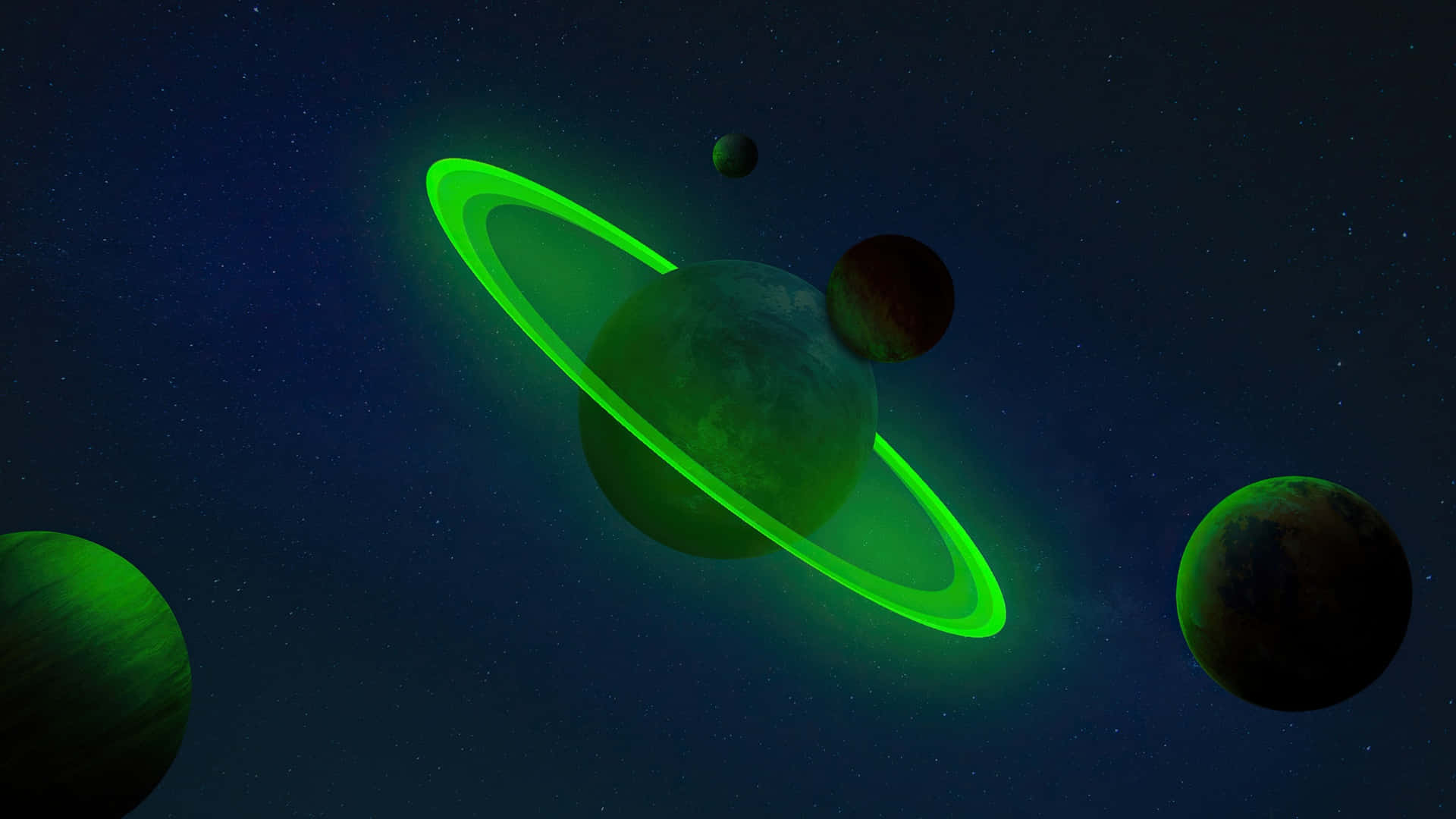 glowing green ringed planet, dark celestial bodies, starry night sky, Full HD Desktop Wallpaper