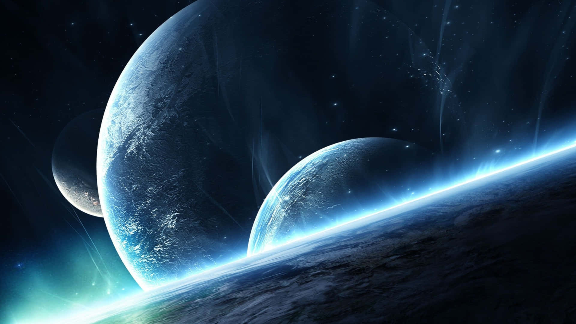 cosmic planetary alignment, blue and white light, starry cosmic backdrop, Full HD Desktop Wallpaper