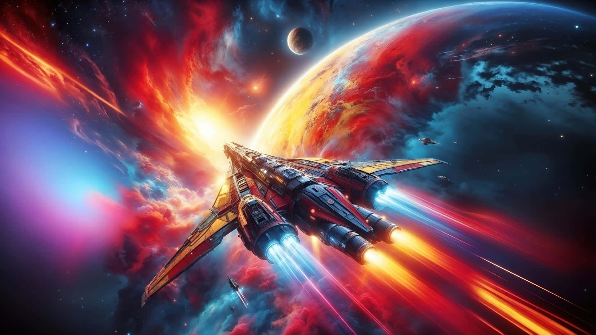 futuristic spaceship, vibrant nebula, fiery trails, Full HD Desktop Wallpaper
